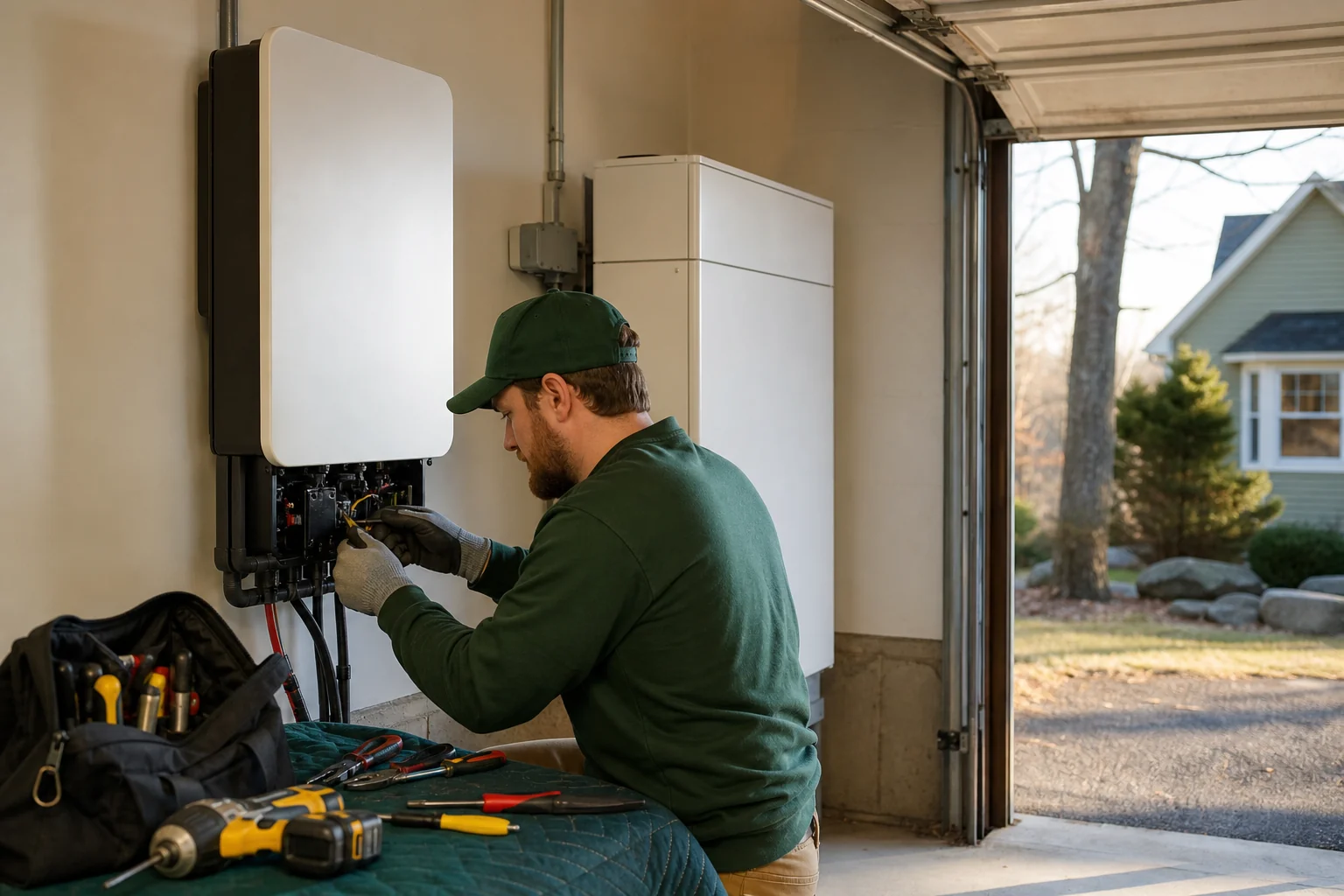 Close-up of technician servicing a mixed-brand solar inverter and battery setup in a garage. Photorealistic photo of a solar service technician working on a wall-mounted inverter and battery storage unit in a suburban New England garage