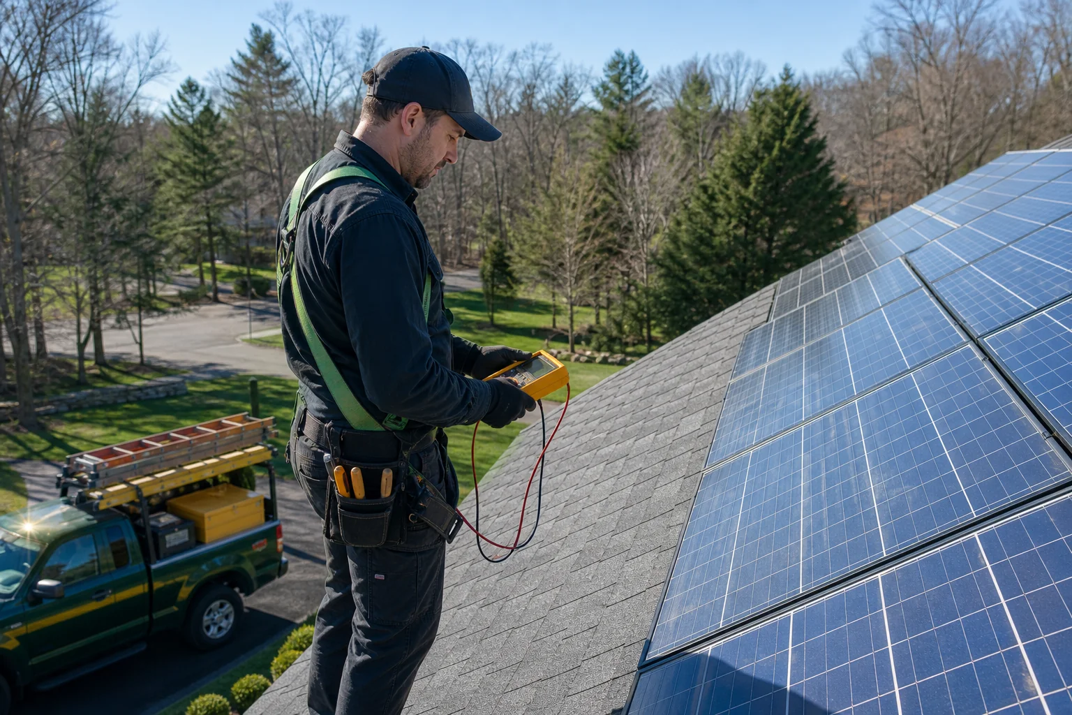 Technician inspecting an existing rooftop solar array installed by another company. Photorealistic photo of a solar technician in dark work uniform standing on a residential rooftop in Connecticut, inspecting an older-model solar panel