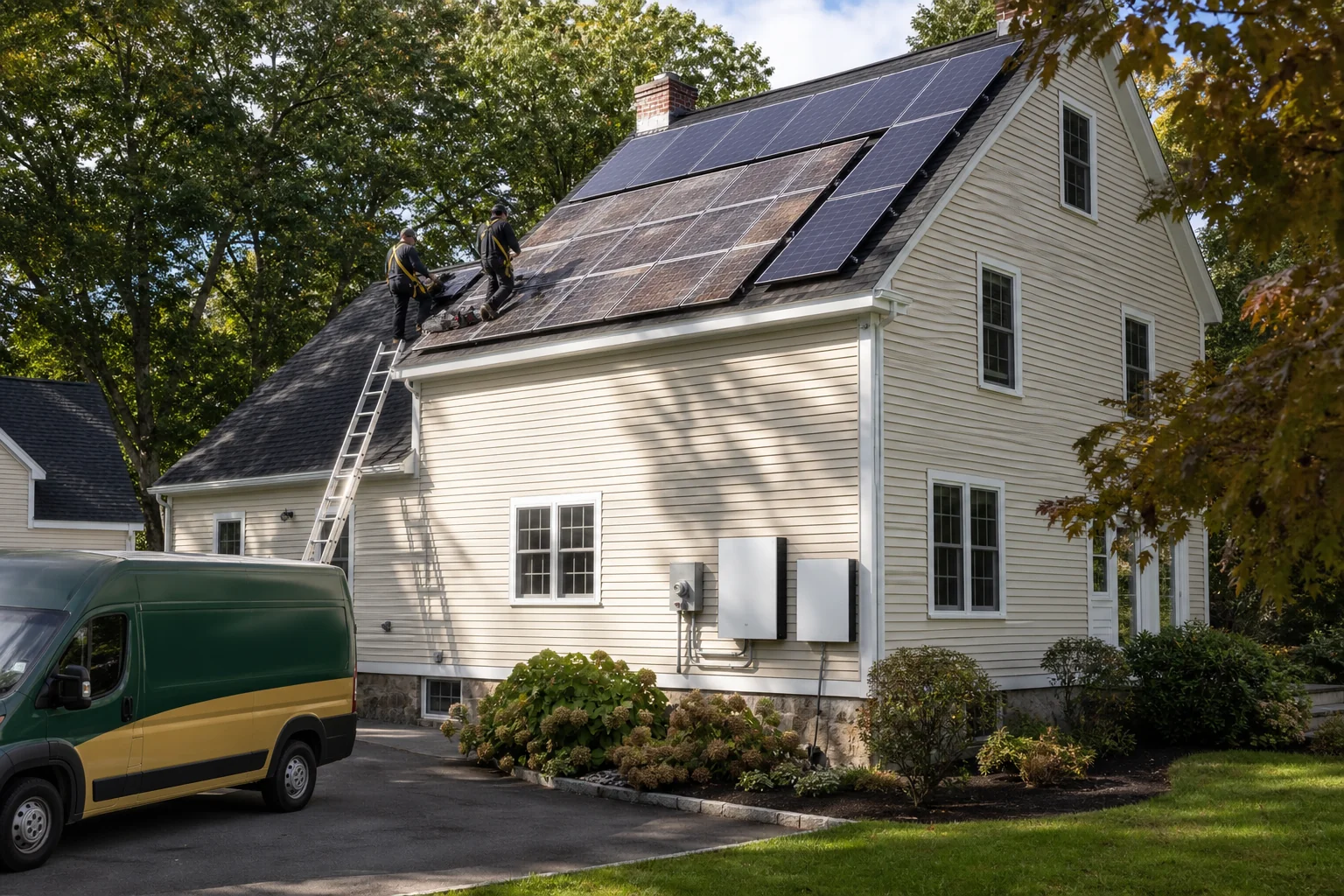 Before and after style shot of an older solar system being upgraded with new equipment. Photorealistic photo showing a residential rooftop with a mix of older solar panels and a newly installed battery storage unit mounted on the exterior