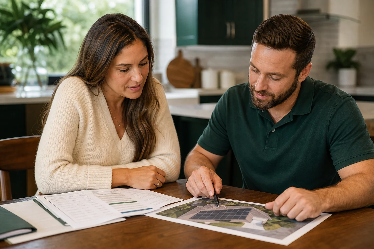 Homeowner and installer reviewing solar quote paperwork with a house model showing panel layout. Photorealistic photo of a homeowner and a solar consultant sitting at a kitchen table reviewing printed solar quote documents and a rooftop