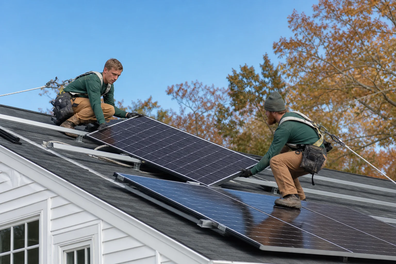 Solar crew in branded uniforms installing panels on a New England home roof. Photorealistic photo of a two-person solar installation crew in matching work uniforms mounting solar panels on a New England residential rooftop, clear blue sky