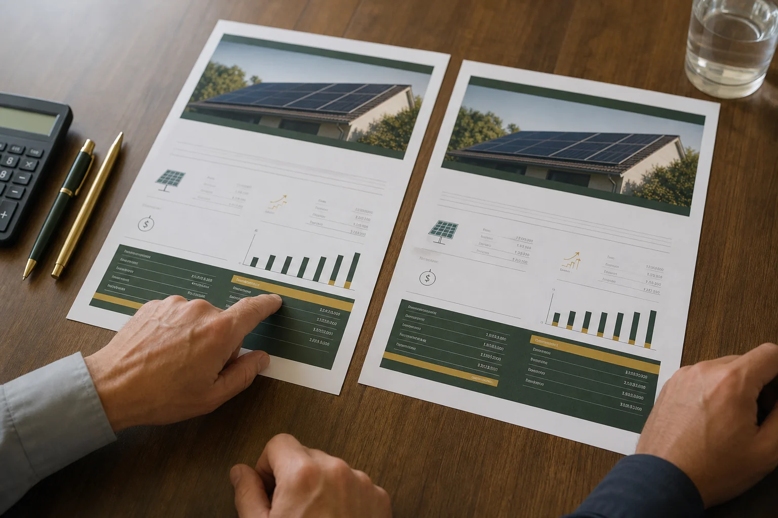 Close-up of hands comparing two different printed solar financing proposals side by side. Photorealistic photo of two printed solar financing proposals placed side by side on a wooden table, a hand pointing to numbers on one page, soft