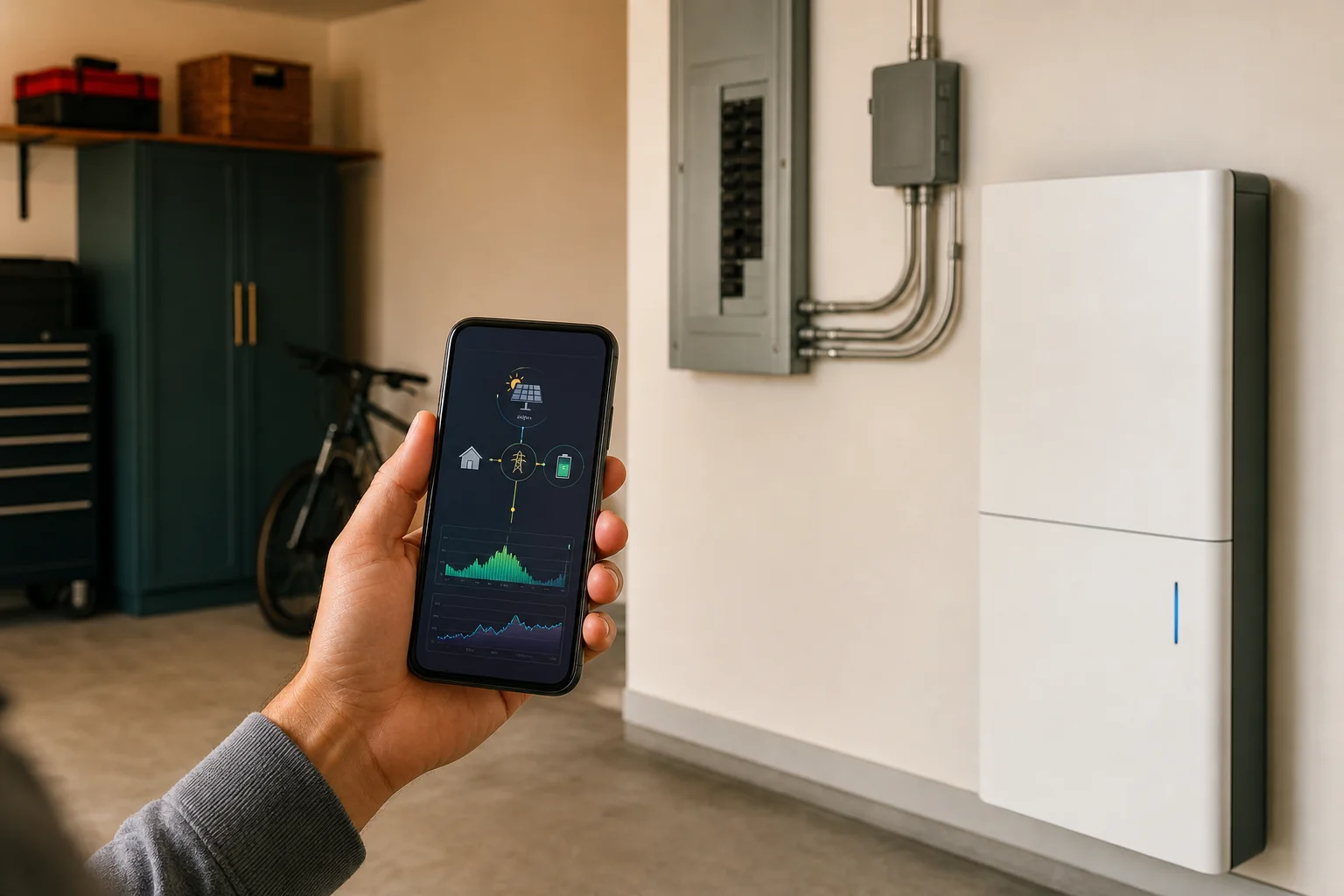 Photorealistic image of a homeowner checking a solar monitoring app on a phone next to their electrical panel and battery. Photorealistic photo of a homeowner's hand holding a smartphone displaying a solar energy monitoring dashboard