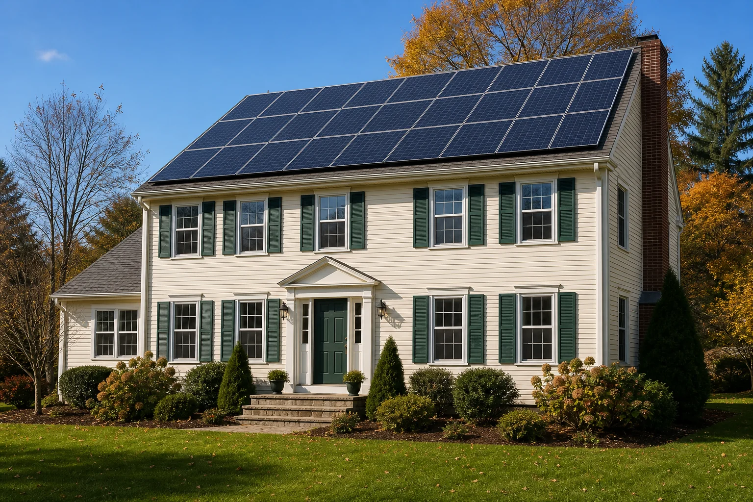 Photorealistic hero image of a New England colonial home with a full solar array under clear sky. Photorealistic photo of a two-story colonial-style home in Connecticut with a large rooftop solar panel array on a south-facing roof, clear