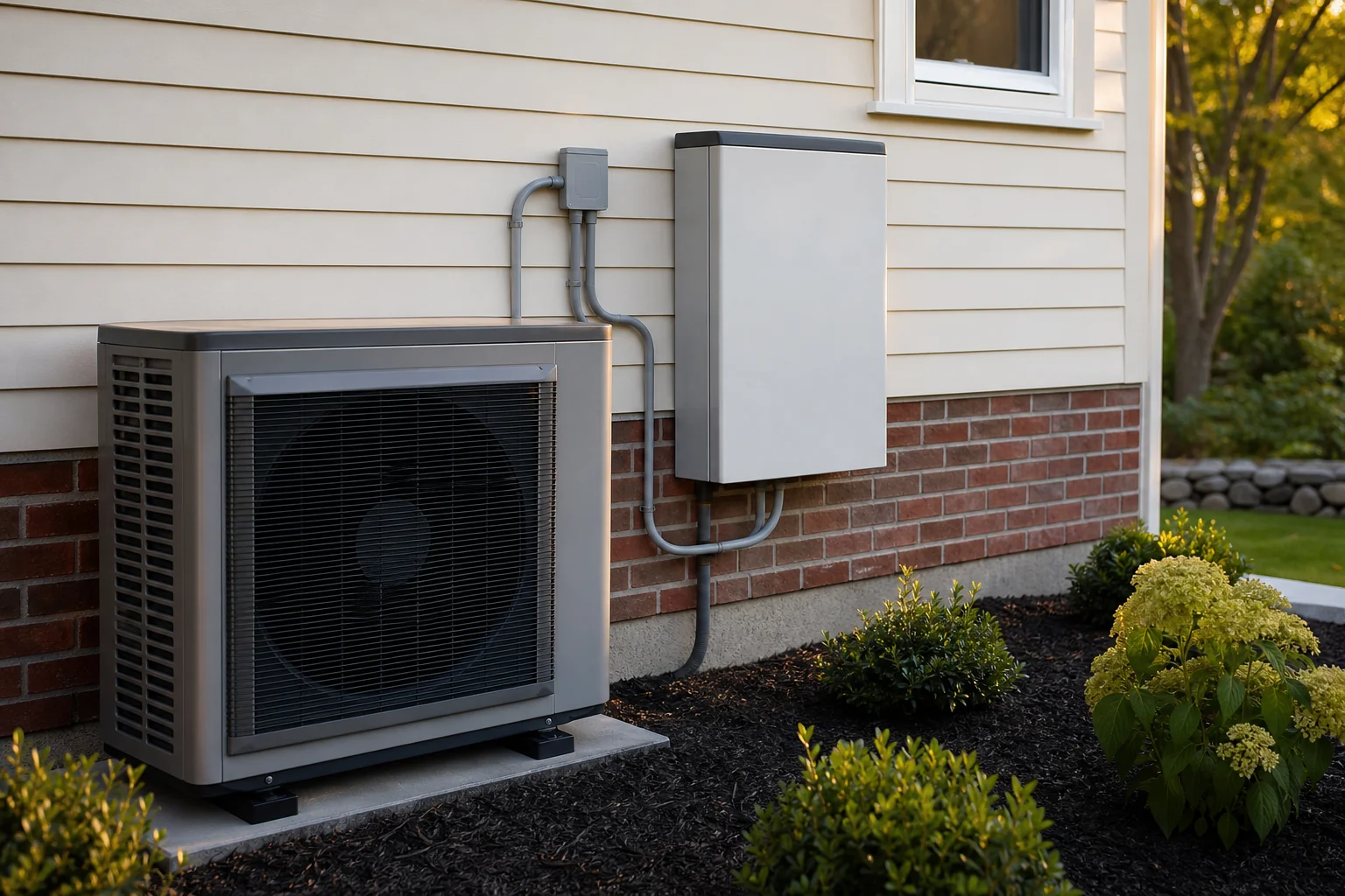 Photorealistic image of a heat pump unit and solar battery installed together outside a home. Photorealistic photo of the exterior side wall of a suburban Massachusetts home showing a modern heat pump condenser unit next to a wall-mounted