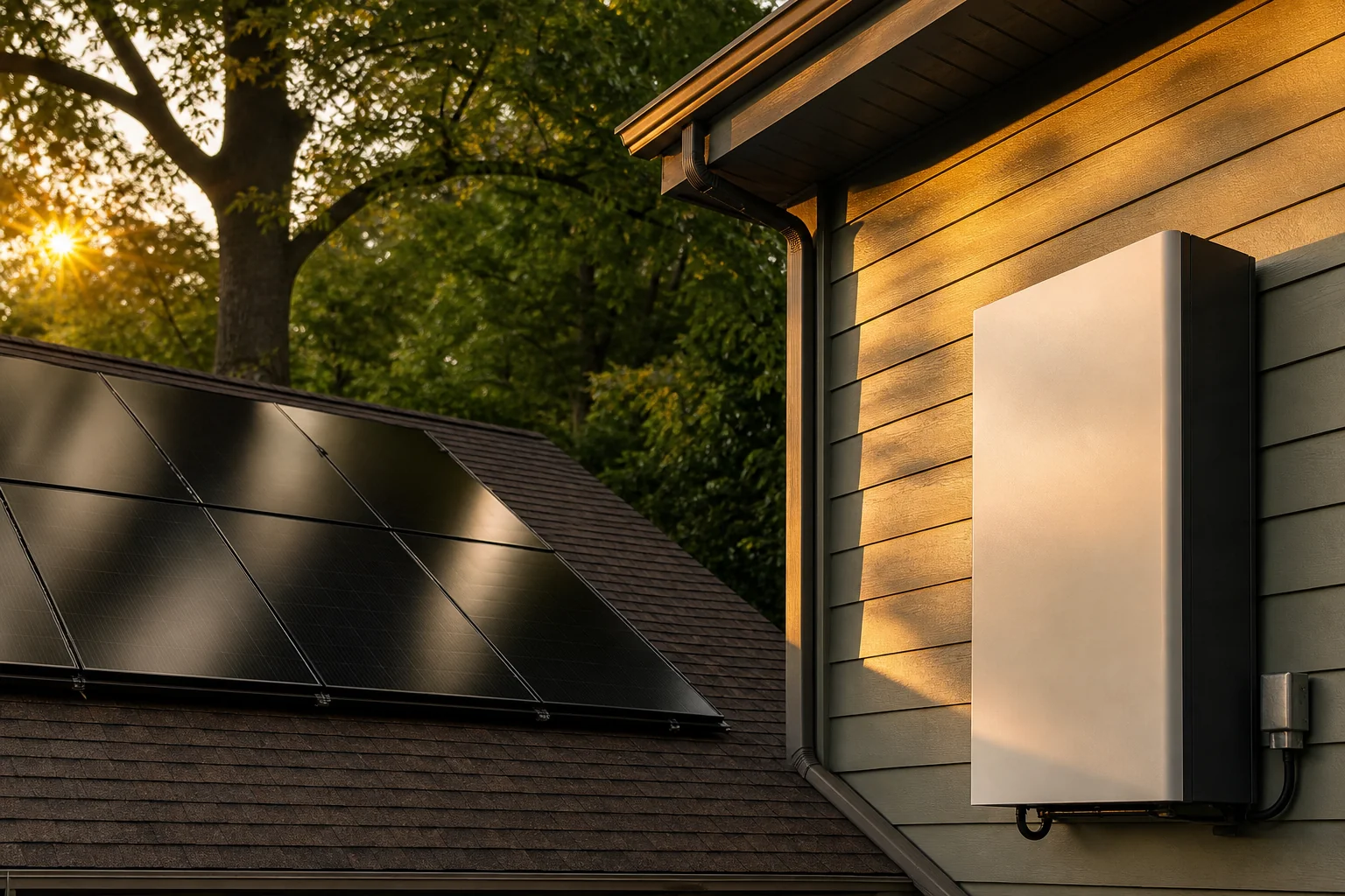 Close-up of Tier-1 solar panels and battery storage equipment installed together. Photorealistic close-up photo of sleek black solar panels mounted on an asphalt-shingle roof next to a wall-mounted home battery storage unit, golden