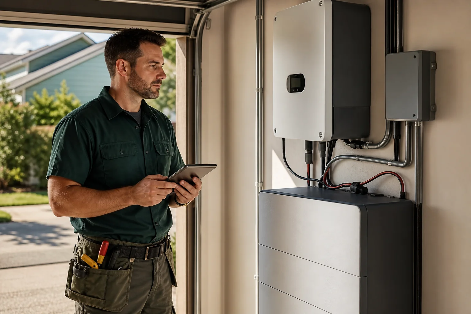 Local technician performing maintenance on an older solar system, showing long-term service accountability. Photorealistic photo of a solar service technician inspecting an inverter and battery storage unit in a suburban home's garage