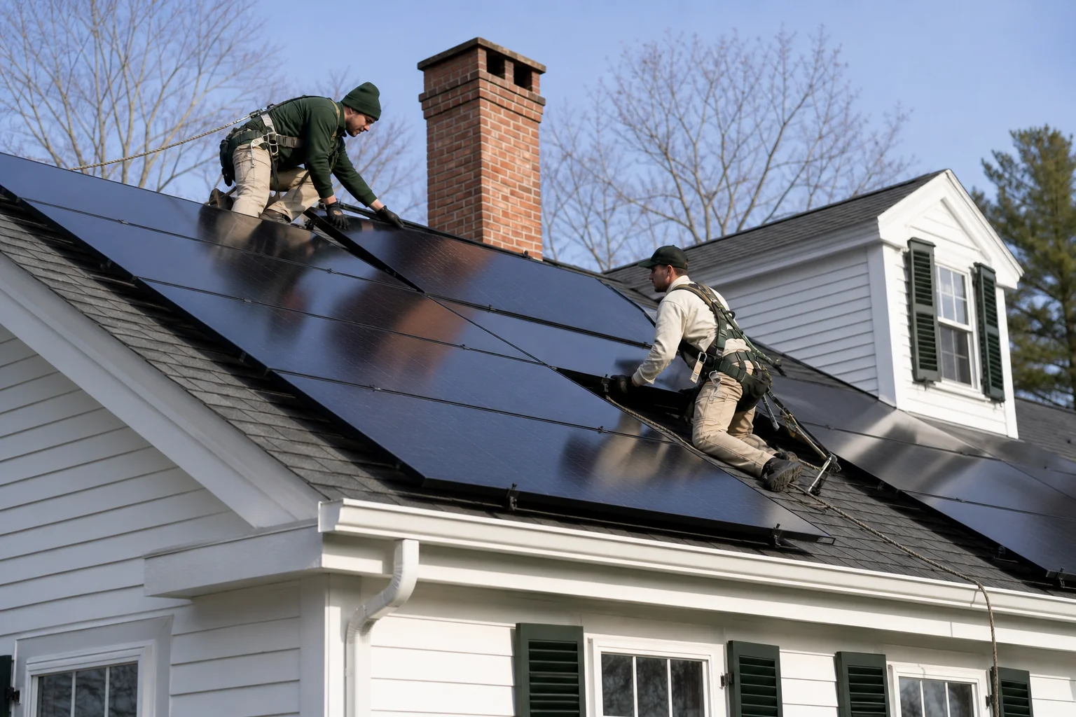 Local W-2 solar crew installing panels on a New England home, contrasted with corporate scale. Photorealistic photo of two uniformed solar installation technicians securing rooftop solar panels on a New England colonial-style home on a