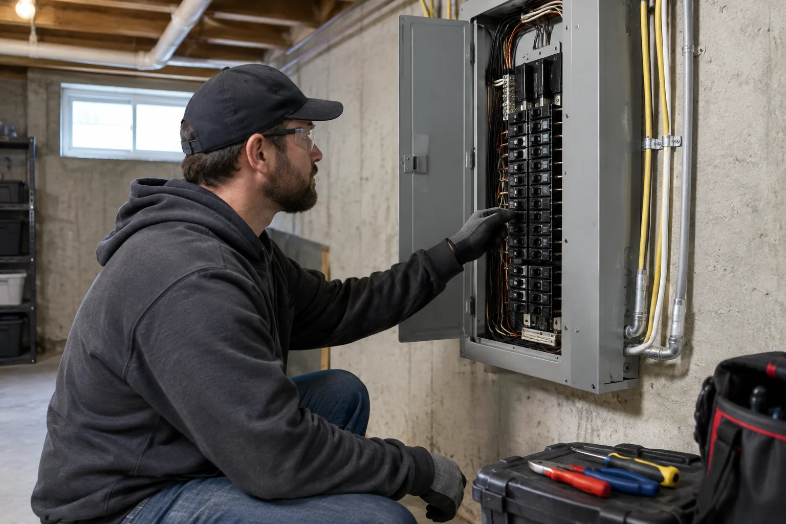 Electrician inspecting a home electrical panel before adding a 240-volt breaker