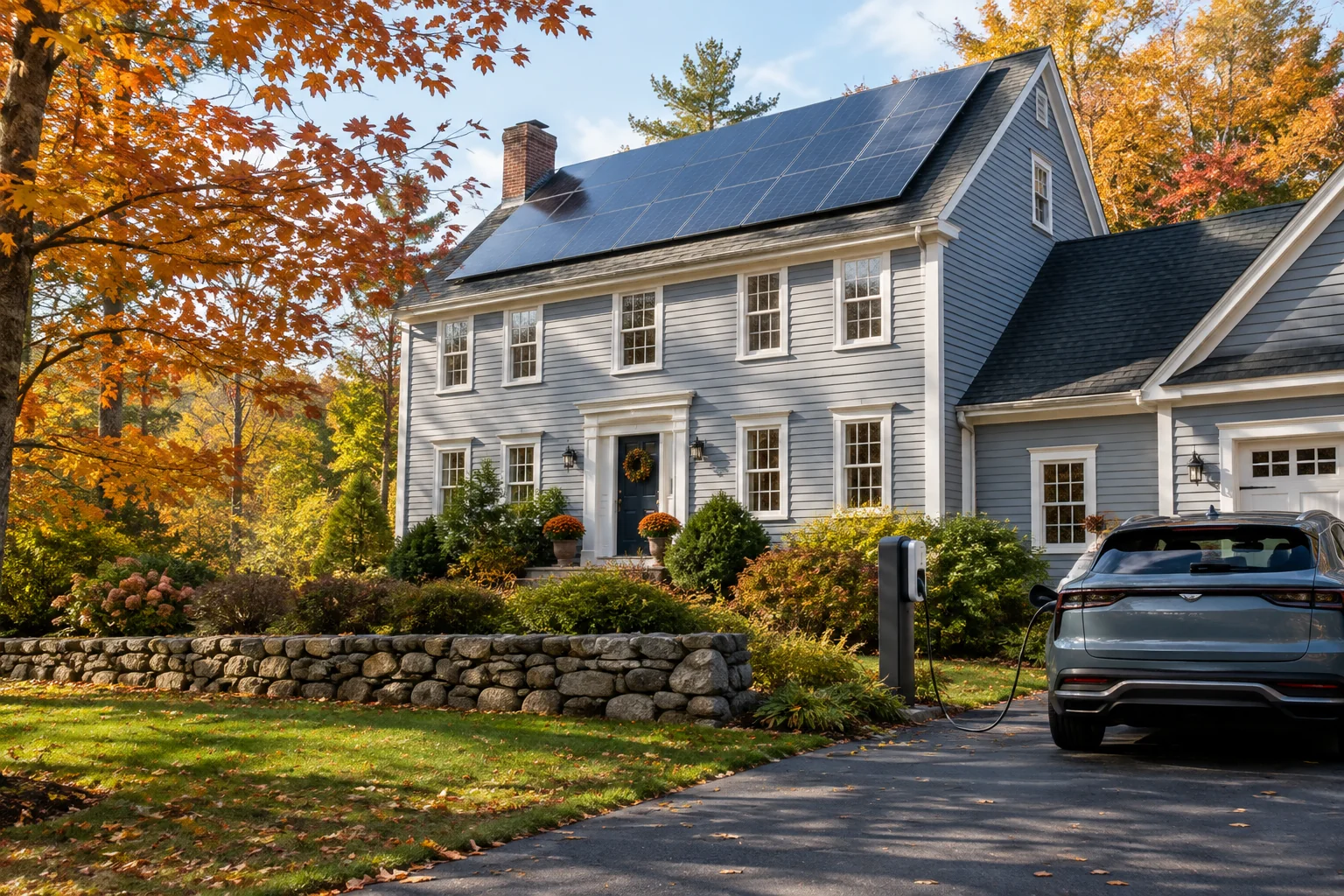 Home with rooftop solar panels and an EV charging in the driveway