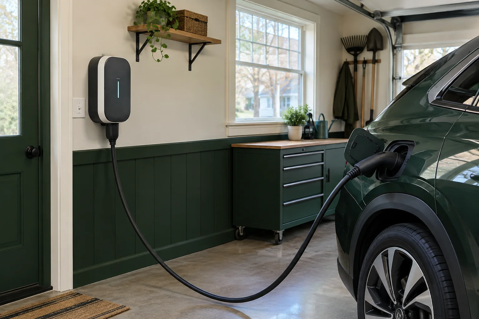 Wall-mounted Level 2 EV charger on a garage wall of a New England home
