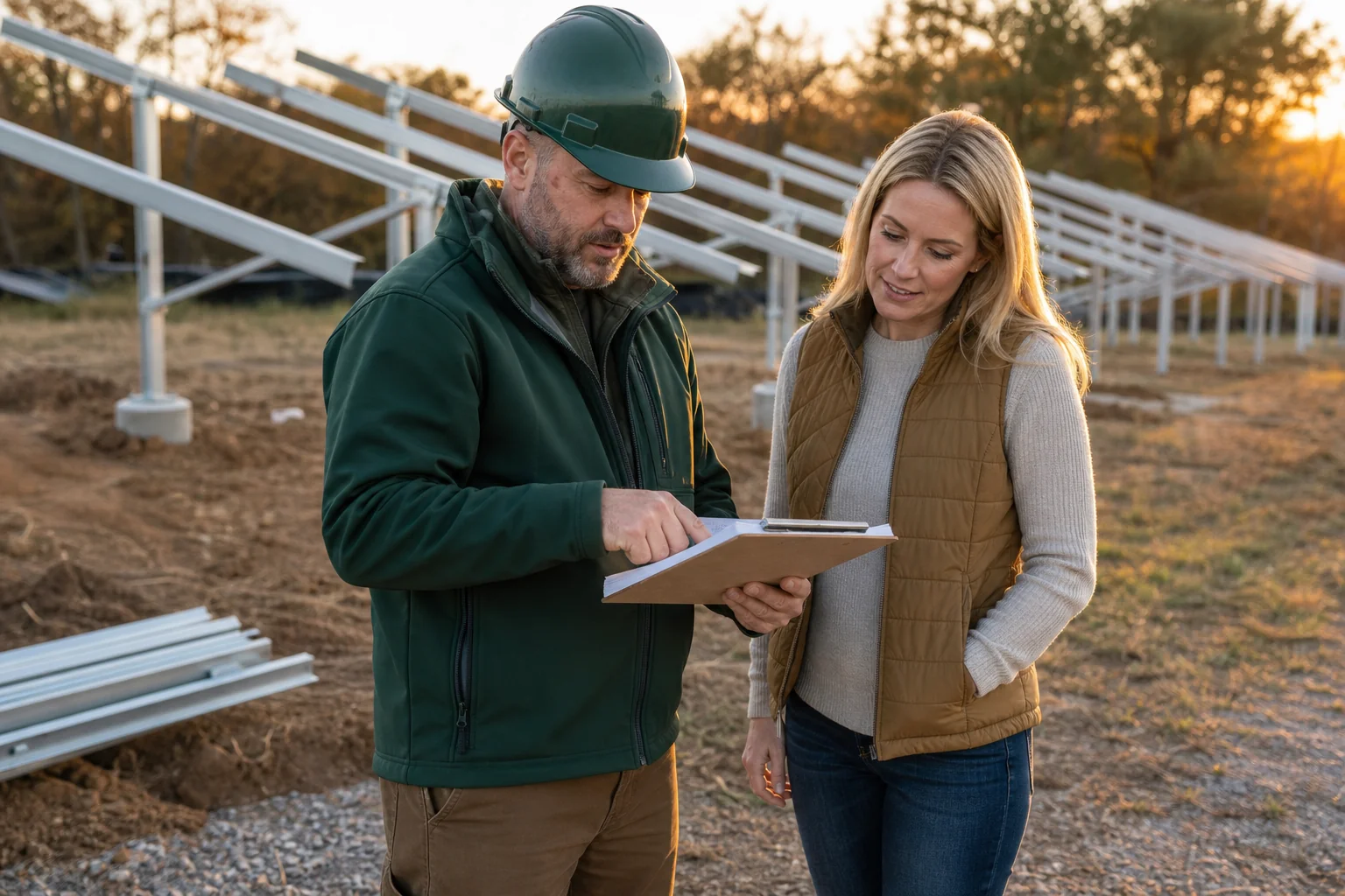 Contractor and business owner reviewing permit documents on site at ground mount solar project. photorealistic photo of a contractor and a small business property owner standing at the edge of a ground mount solar array construction site