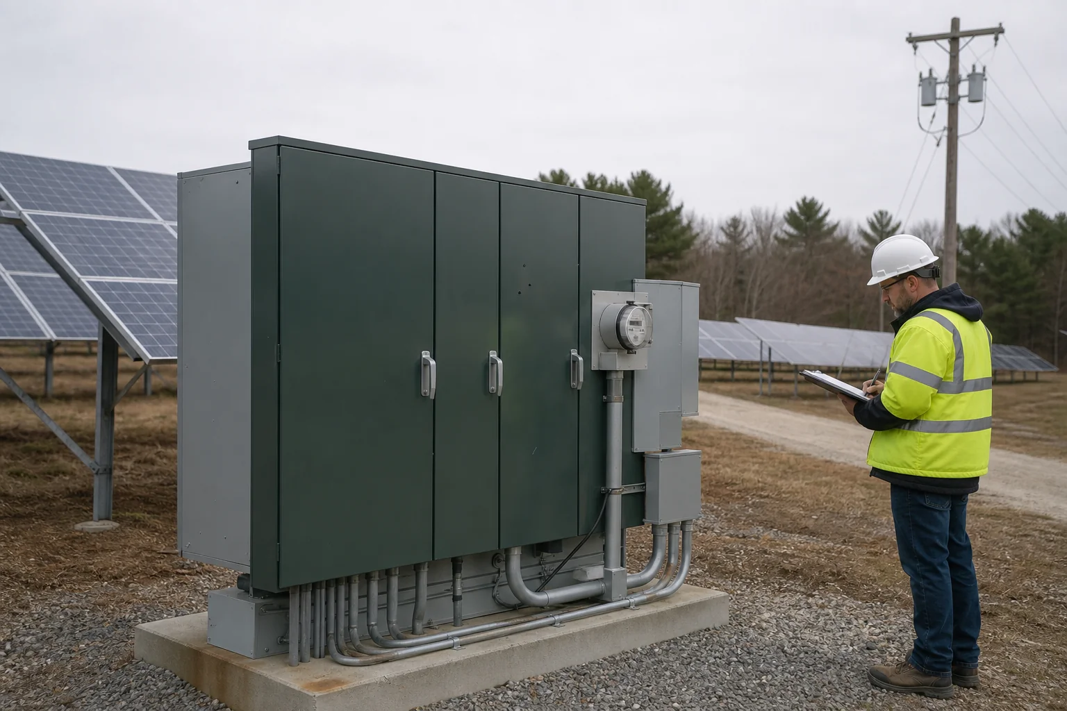 Utility interconnection equipment and electrical switchgear for commercial solar site. photorealistic photo of a utility-grade electrical switchgear and meter cabinet installed near a commercial ground mount solar array, conduit runs