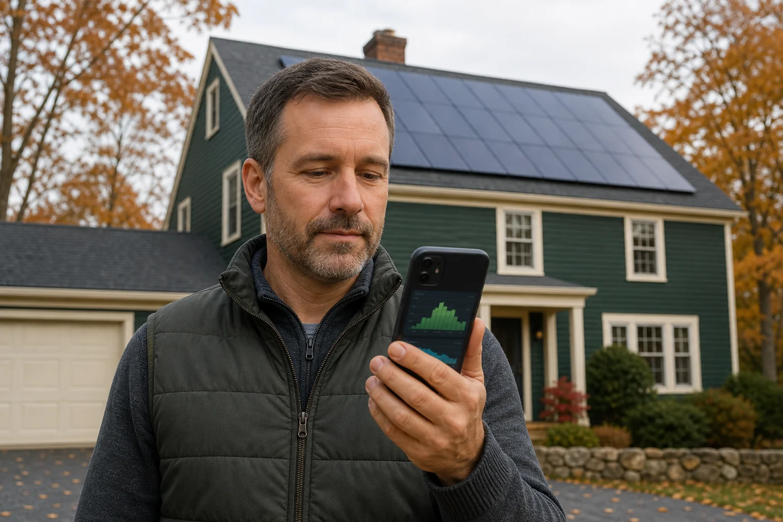 Homeowner checking a solar monitoring app on a phone in front of a house with rooftop solar panels, calm and reassured mood. Photorealistic photo: a homeowner standing in a driveway in front of a New England-style house with rooftop solar