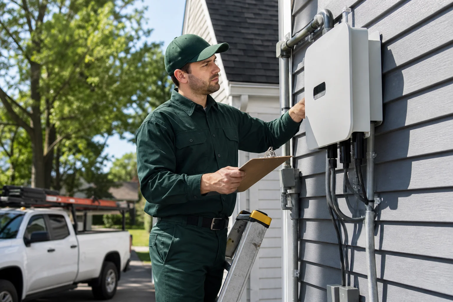 Local solar technician in branded workwear inspecting a rooftop solar array and inverter box on a residential home. Photorealistic photo: a solar technician wearing dark green (#0A2E1F) branded workwear standing on a ladder inspecting a