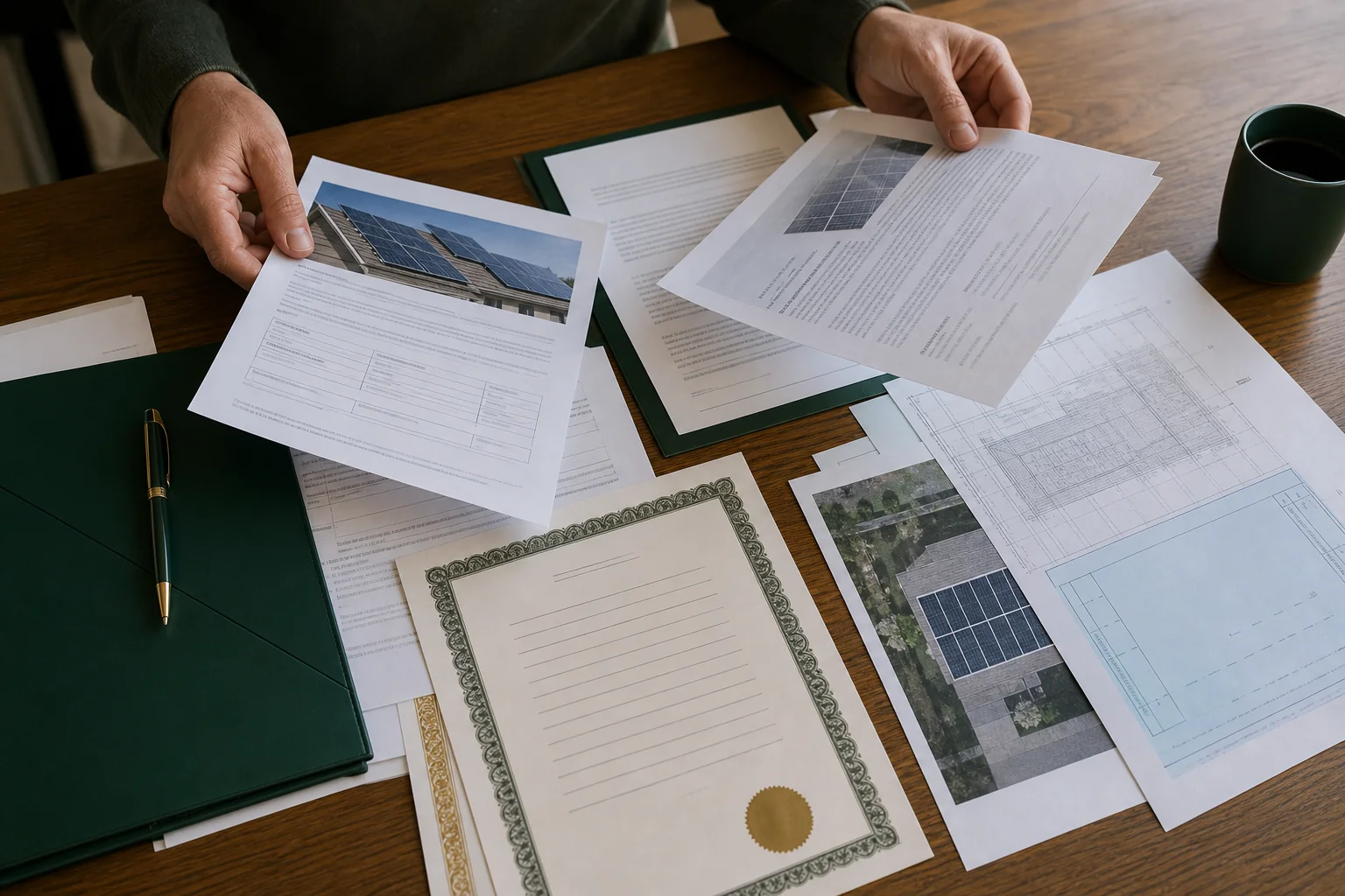 Close-up of hands reviewing printed solar contract and warranty paperwork at a kitchen table. Photorealistic photo: close-up overhead shot of hands sorting through printed solar installation contract pages, warranty certificates, and permit