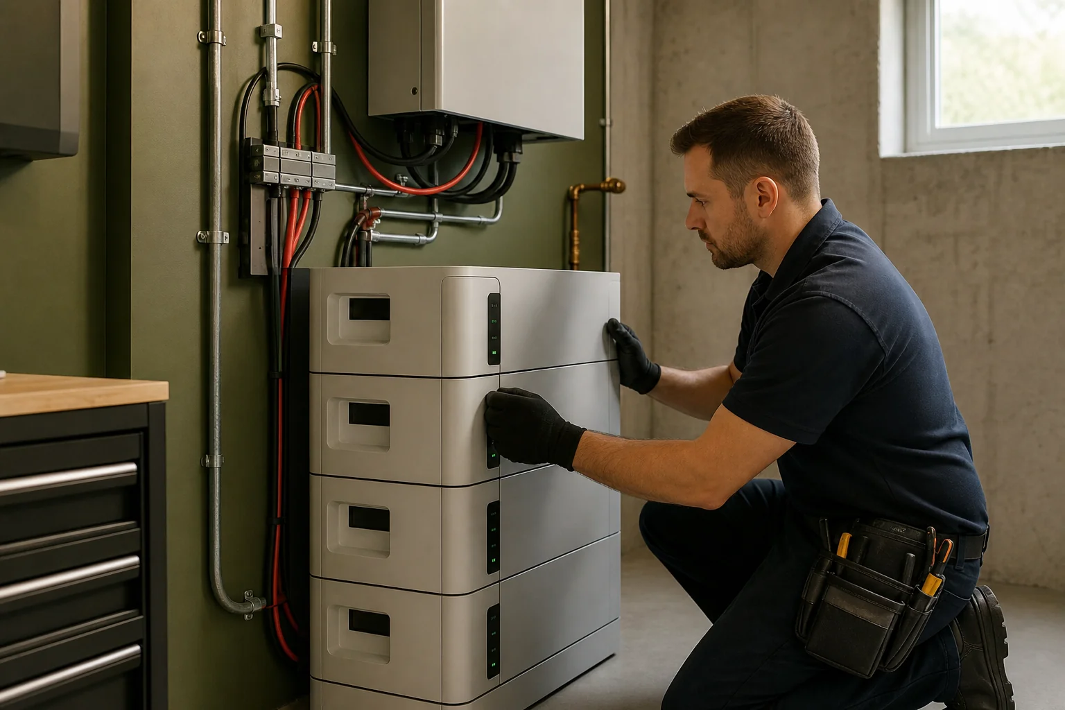 Close-up of a technician installing modular battery units in a basement utility room. Photorealistic: A professional electrician in work uniform installing a stack of modular home battery units in a clean basement utility room, visible
