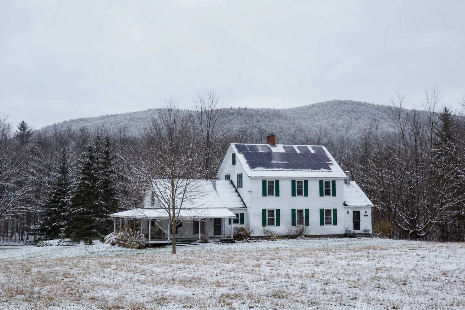 A rural New England farmhouse with solar panels on the roof covered in a light dusting of snow. Photorealistic: A rural farmhouse in Vermont or New Hampshire with solar panels on a snow-dusted roof, surrounded by bare trees and a frosted