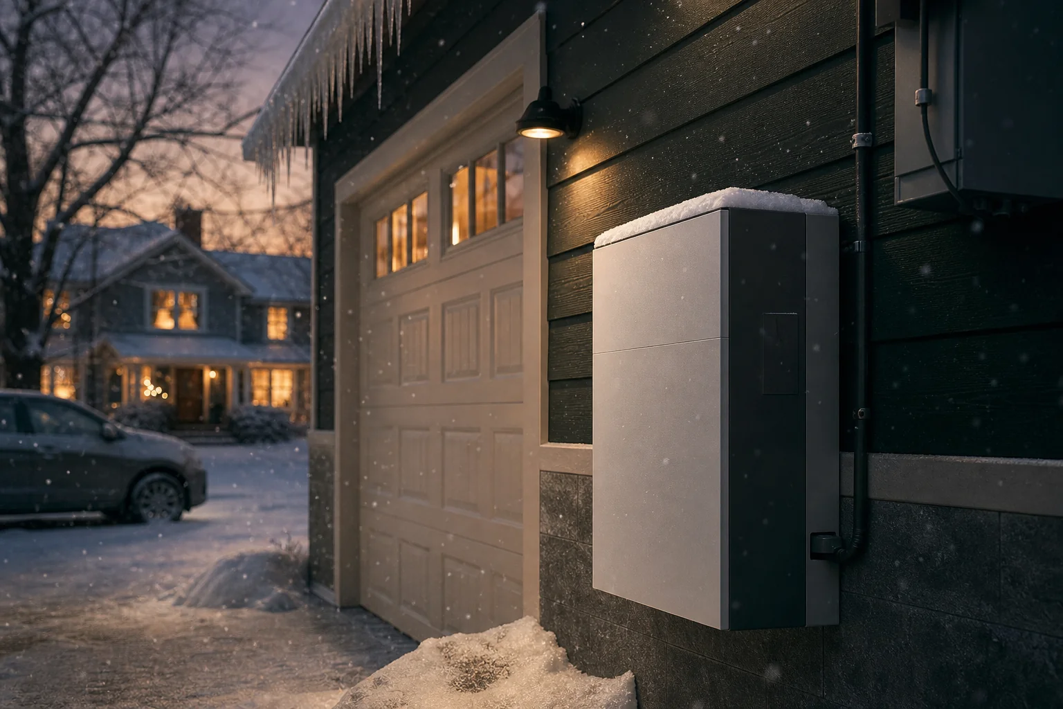 A home battery storage unit mounted on a garage wall during a snowy New England winter evening. Photorealistic: A wall-mounted home battery storage unit installed on the exterior of a New England garage, snow falling at dusk, warm light