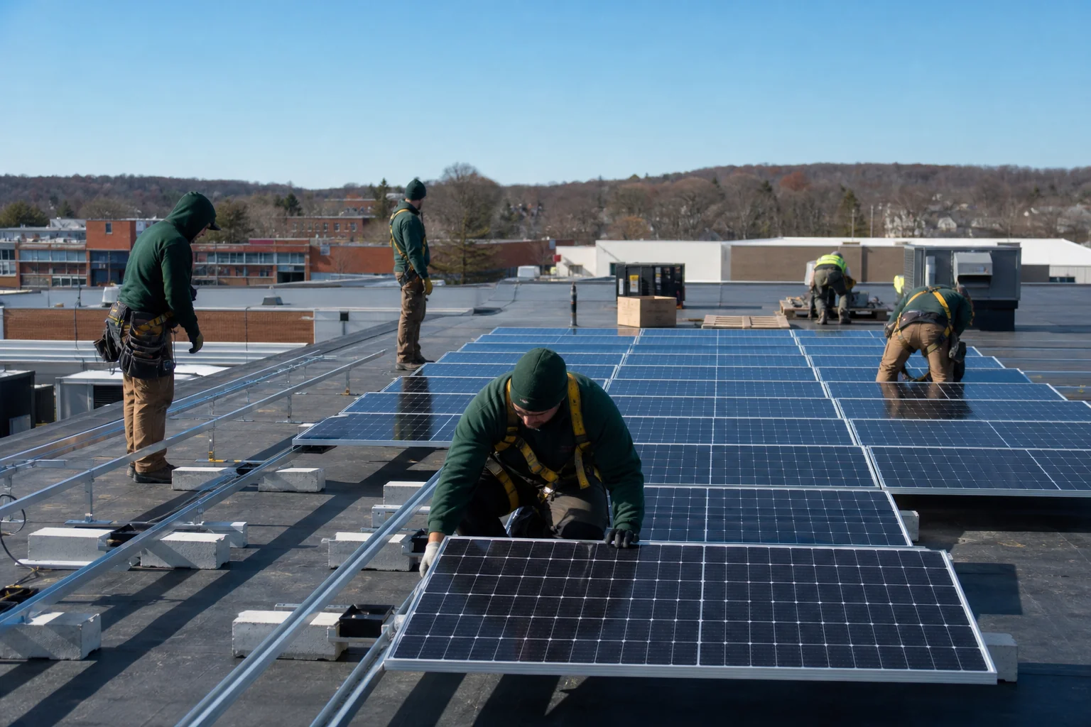 Commercial rooftop solar installation on a small business building with installers at work. Photorealistic photo of a commercial flat rooftop solar panel installation in progress on a small business building in Connecticut, in-house