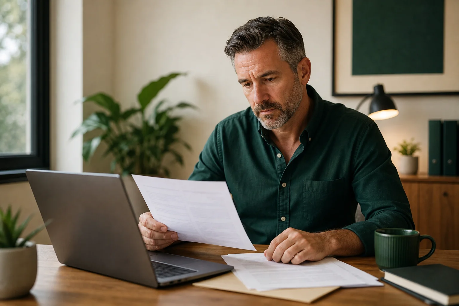 Small business owner reviewing loan denial paperwork at a desk in a commercial building office. Photorealistic photo of a small business owner in their 40s sitting at a desk inside a modest commercial office, reviewing financial paperwork