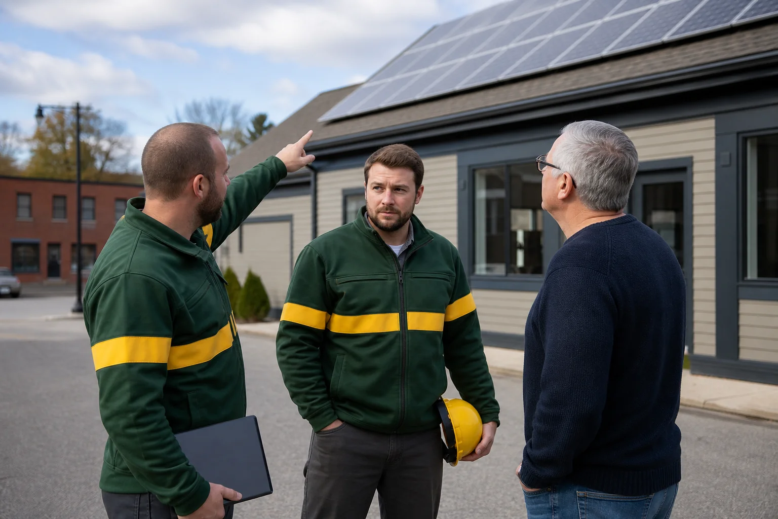 Local solar installation crew consulting with a small business owner outside their commercial property. Photorealistic photo of two solar installation technicians in branded uniforms consulting with a small business owner outside a