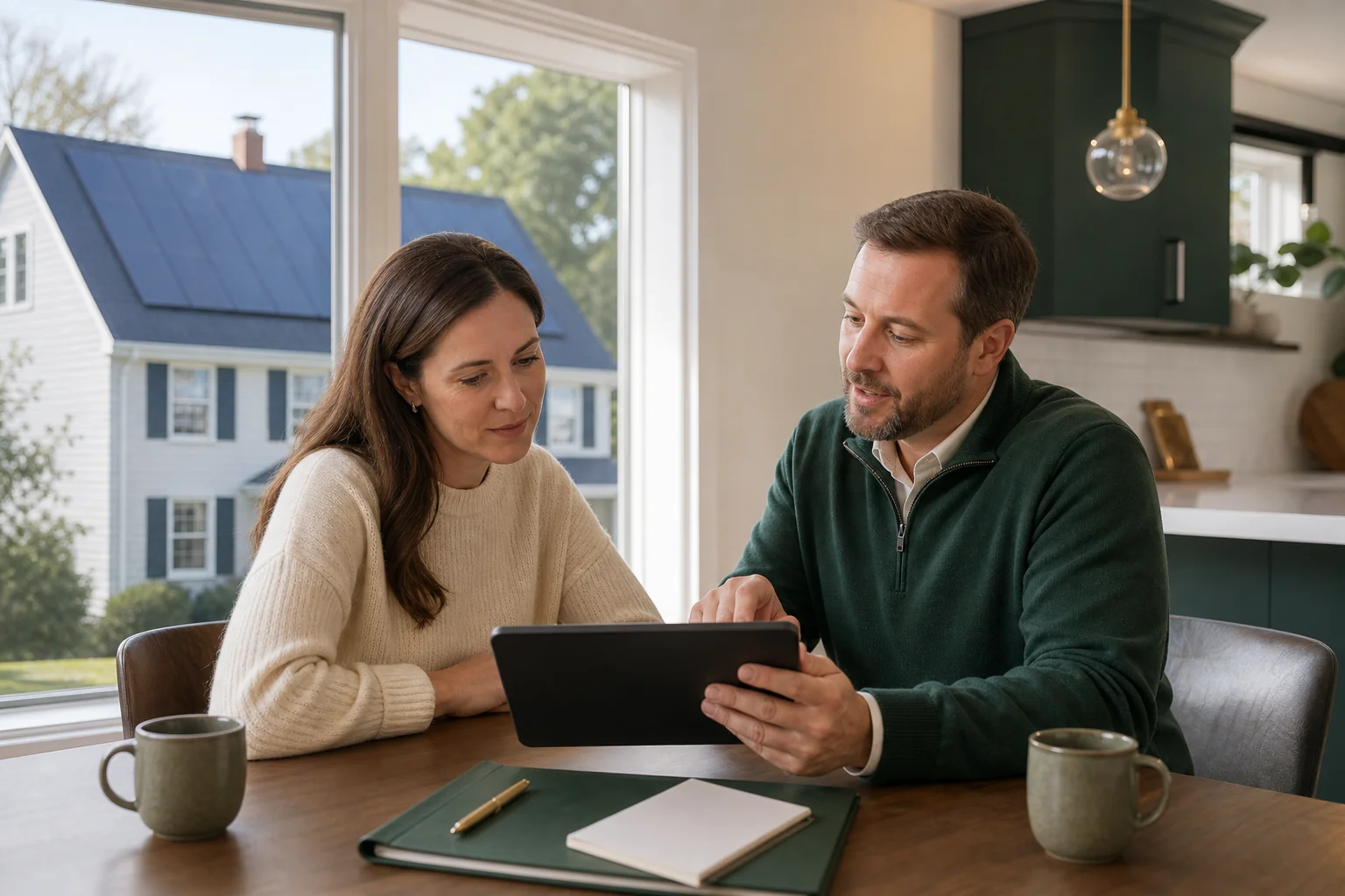 Homeowner and solar advisor reviewing a PPA agreement with a house with solar panels in the background. Photorealistic photo of a homeowner and a solar consultant sitting at a kitchen table reviewing paperwork on a tablet, with a New