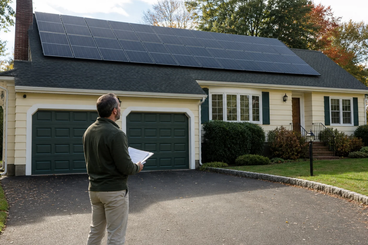 Photorealistic photo of a homeowner standing in a driveway looking up at a newly installed rooftop solar array on a suburban Connecticut home, holding a folder of documents, autumn daylight, deep green and cream color palette in house