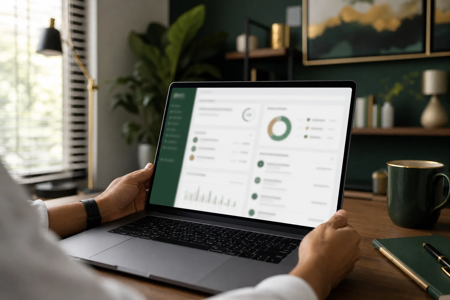 Photorealistic photo of a person's hands holding a laptop showing a financial approval dashboard interface (blurred, no readable text), sitting in a bright home office, dark green and gold color accents in the room decor, calm confident