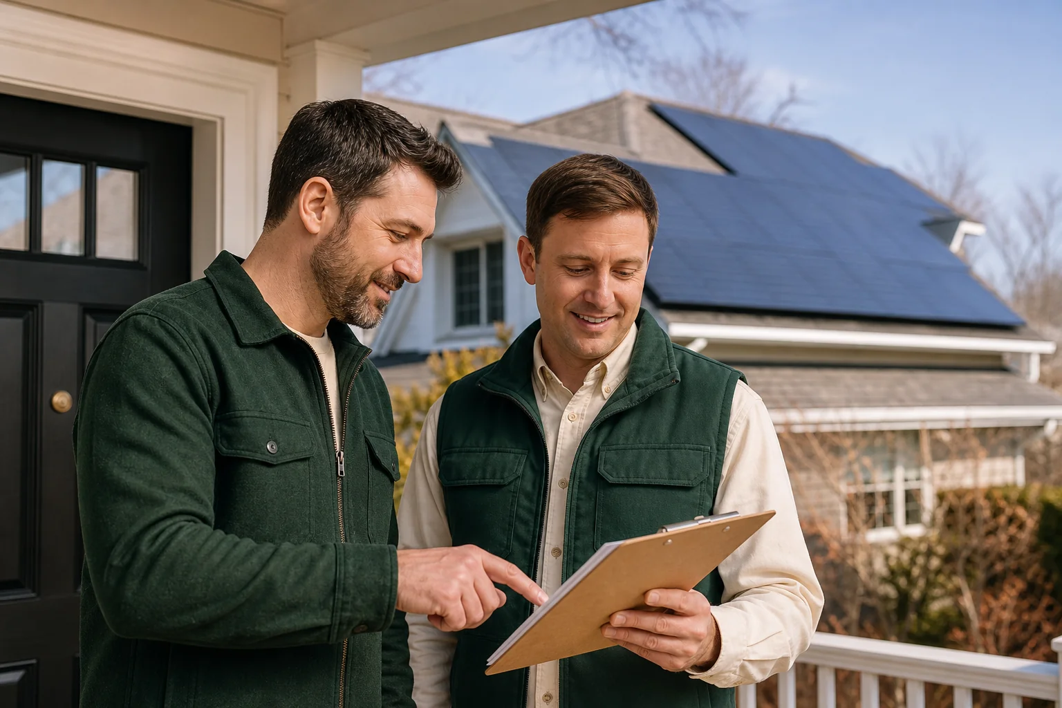 Homeowner and installer reviewing a printed install schedule on a porch with solar panels visible on the roof. Photorealistic photo of a homeowner and a solar installer in branded workwear standing on a suburban New England porch, reviewing