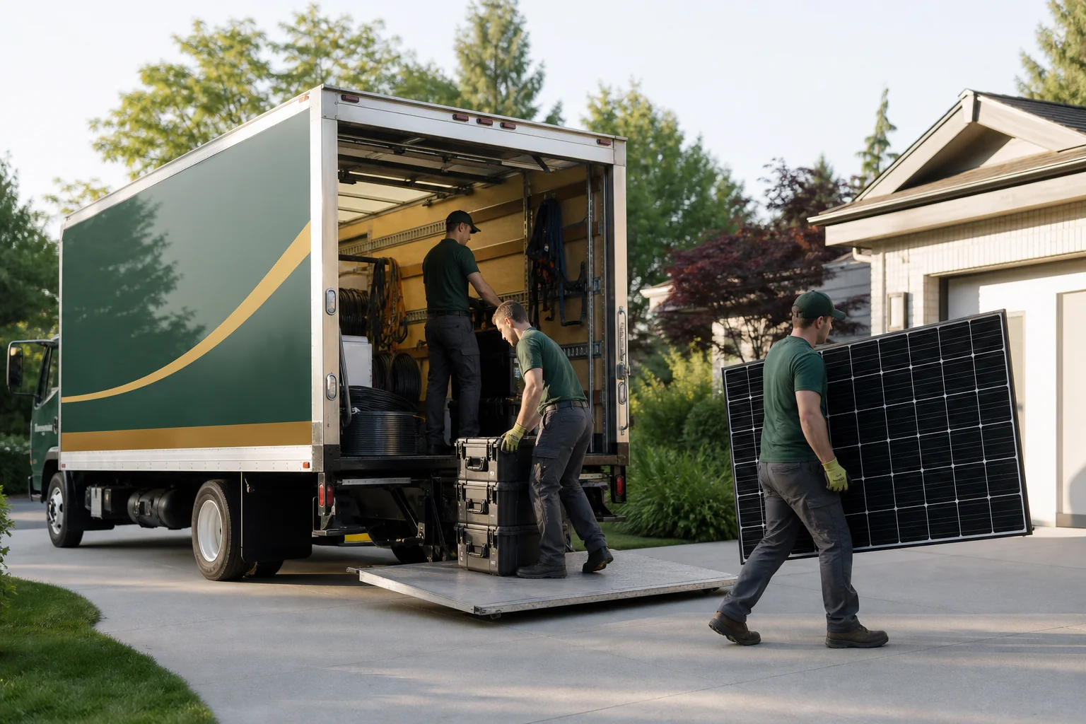 Split visual contrast of a single dedicated crew truck versus a busy scheduling office board. Photorealistic photo of a single branded solar installation truck parked in a driveway with a small dedicated crew unloading equipment