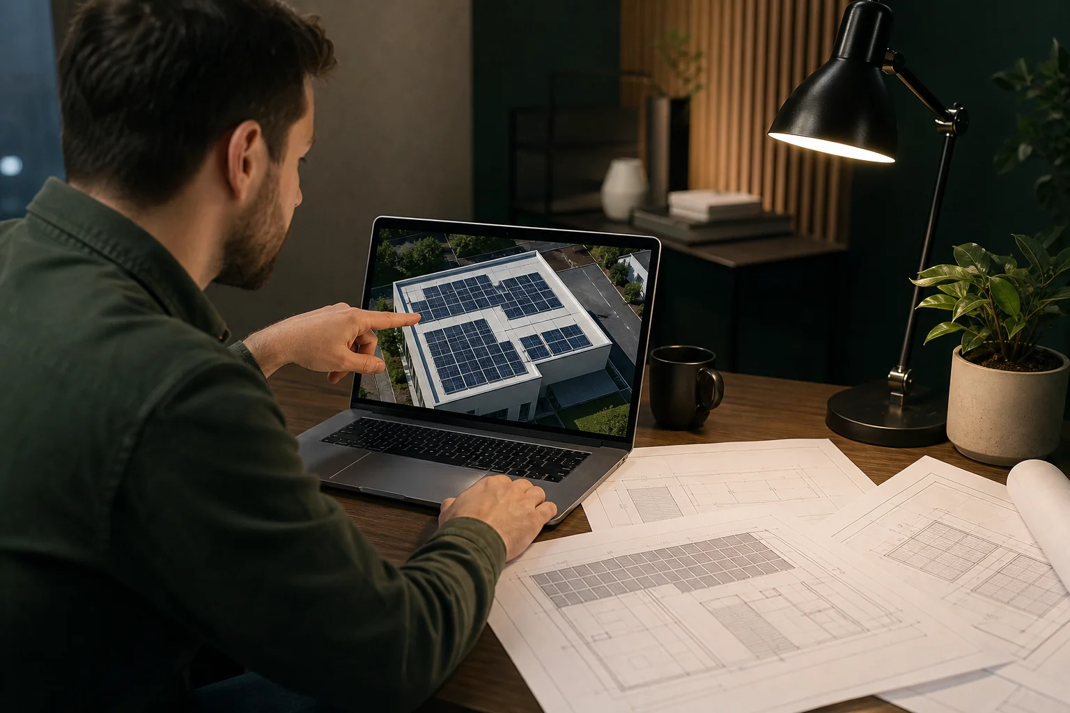 Solar designer working on rooftop layout plans on a laptop and tablet at a desk. Photorealistic photo of a solar design engineer at a desk reviewing a rooftop solar panel layout on a laptop screen alongside printed engineering blueprints
