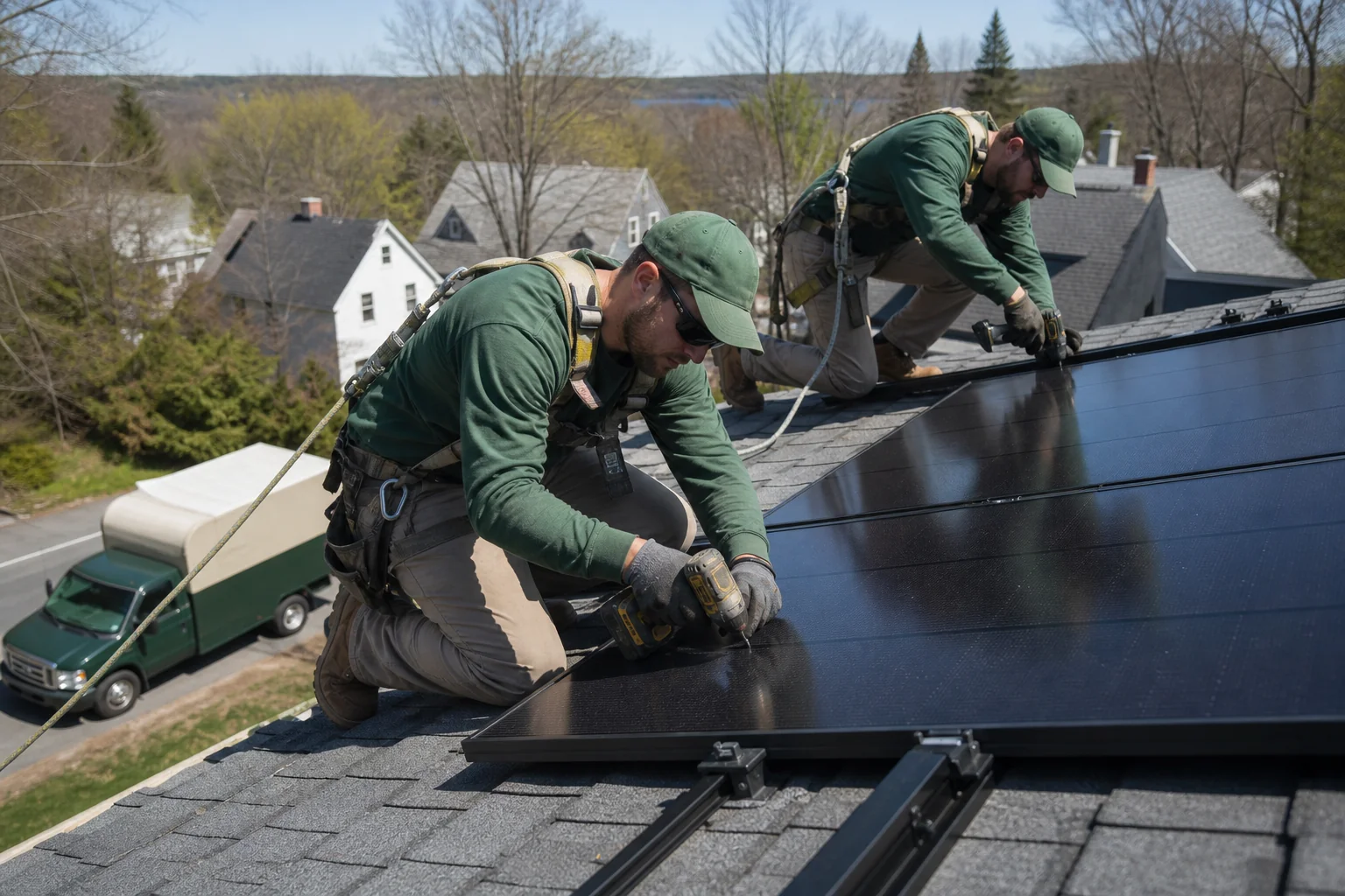 In-house crew installing solar panels on a residential roof in Connecticut. Photorealistic photo of a two-person solar installation crew wearing matching branded uniforms and safety harnesses, mounting solar panels on a residential asphalt