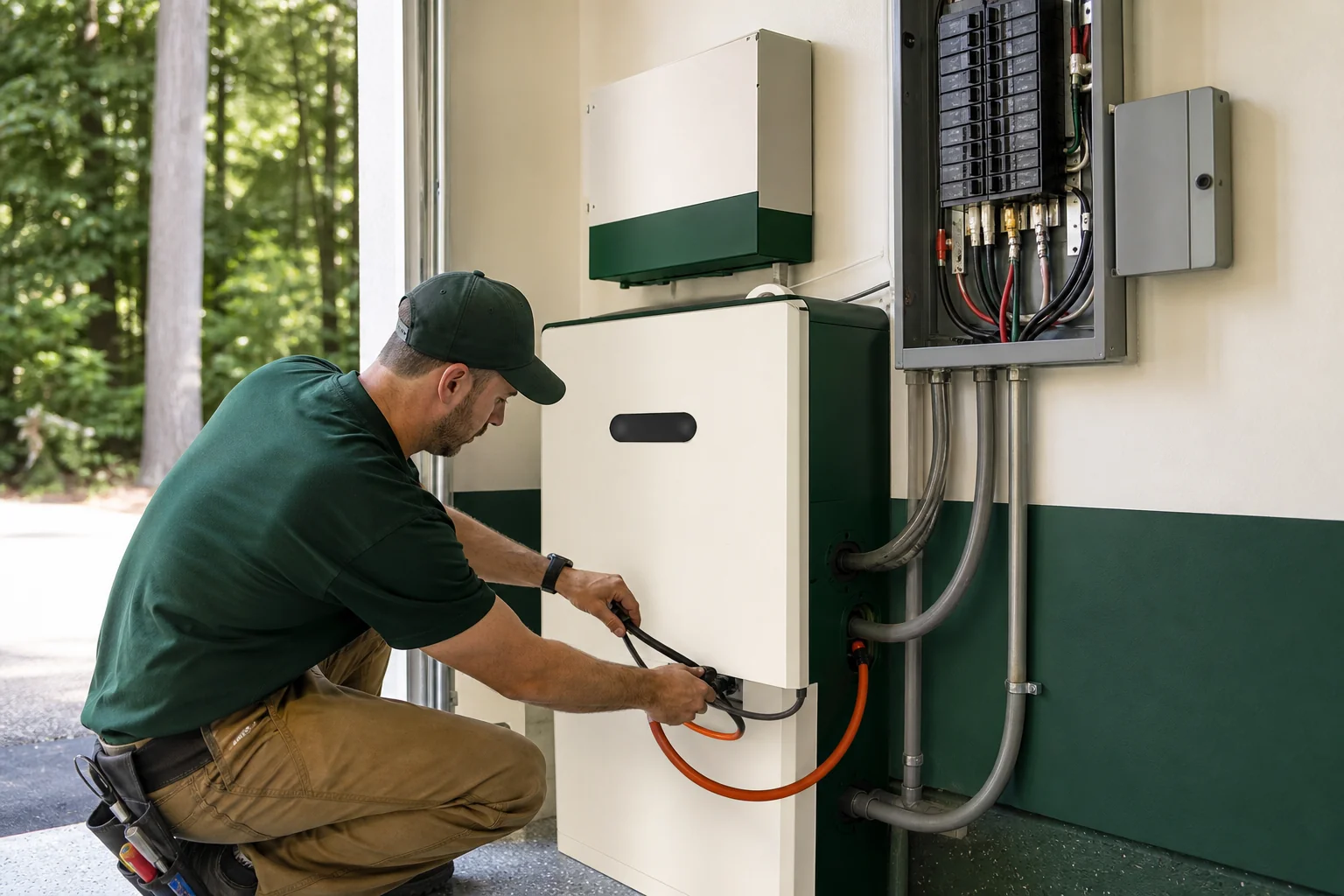 Installer technician working on connecting solar battery hardware to an electrical panel in a home. photorealistic photo of a professional solar installer in work uniform connecting wiring on a home battery storage unit next to an
