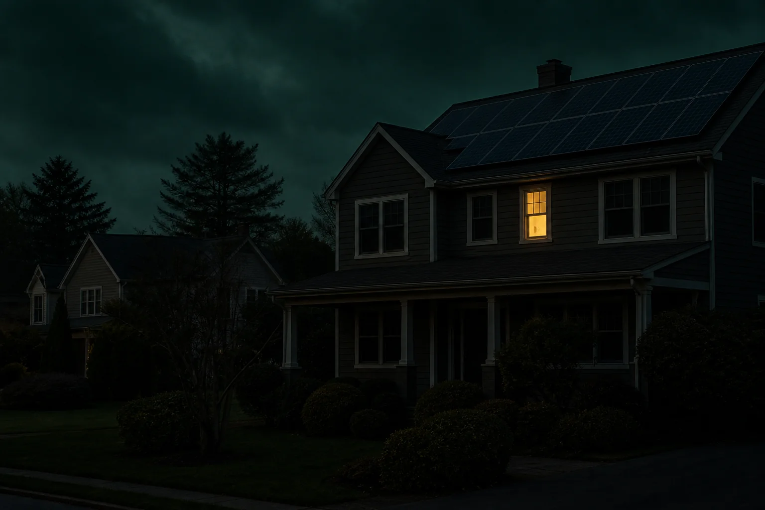 Rooftop solar panels on a New England home during an overcast day, house dark inside, illustrating grid outage shutdown. photorealistic photo of a suburban Connecticut home at dusk during a power outage, dark windows, rooftop solar panels