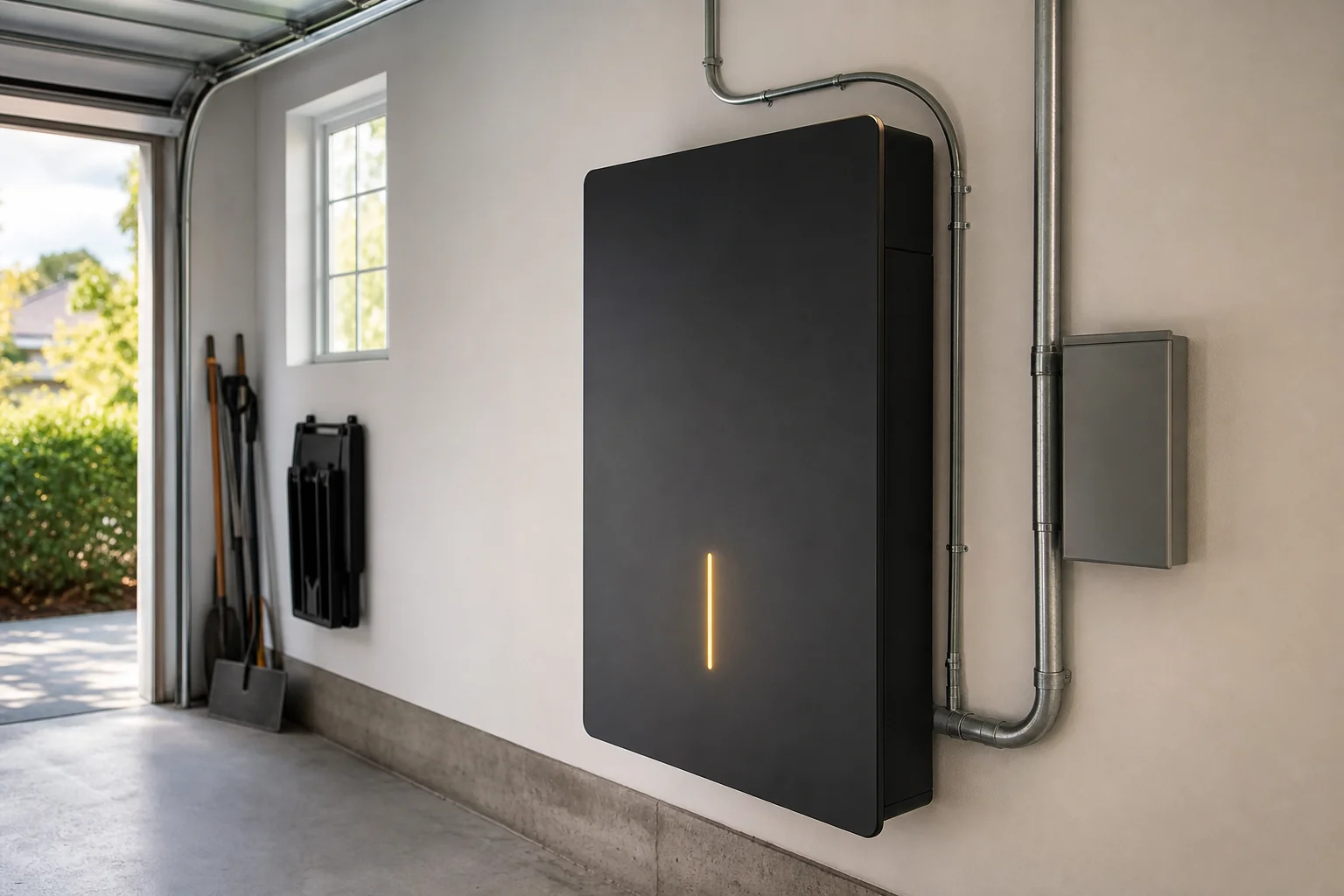 Close-up of a home battery backup unit mounted in a garage with visible wiring and status lights, showing active operation during outage. photorealistic photo of a wall-mounted home battery backup system (styled like a Tesla Powerwall or