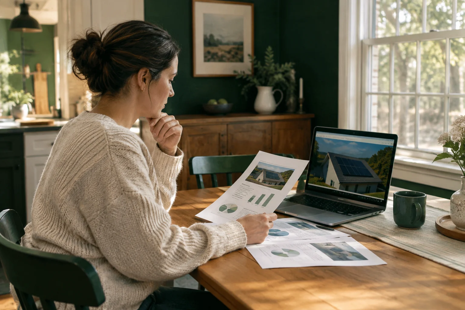Homeowner reviewing solar quotes at kitchen table with laptop showing comparison charts. photorealistic photo of a homeowner at a kitchen table in a New England home, reviewing printed solar quotes and a laptop screen, warm natural light
