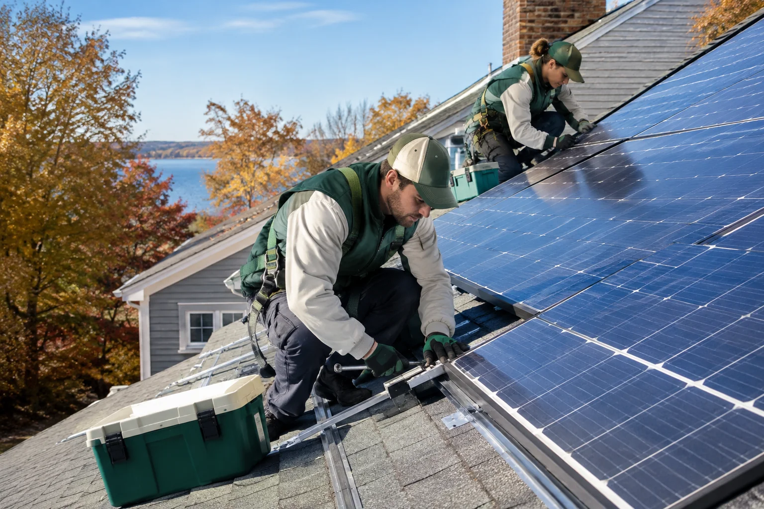 In-house solar install crew working on a Connecticut residential rooftop. photorealistic photo of a small crew of two solar installers in matching work uniforms installing rooftop solar panels on a New England style house, clear autumn sky