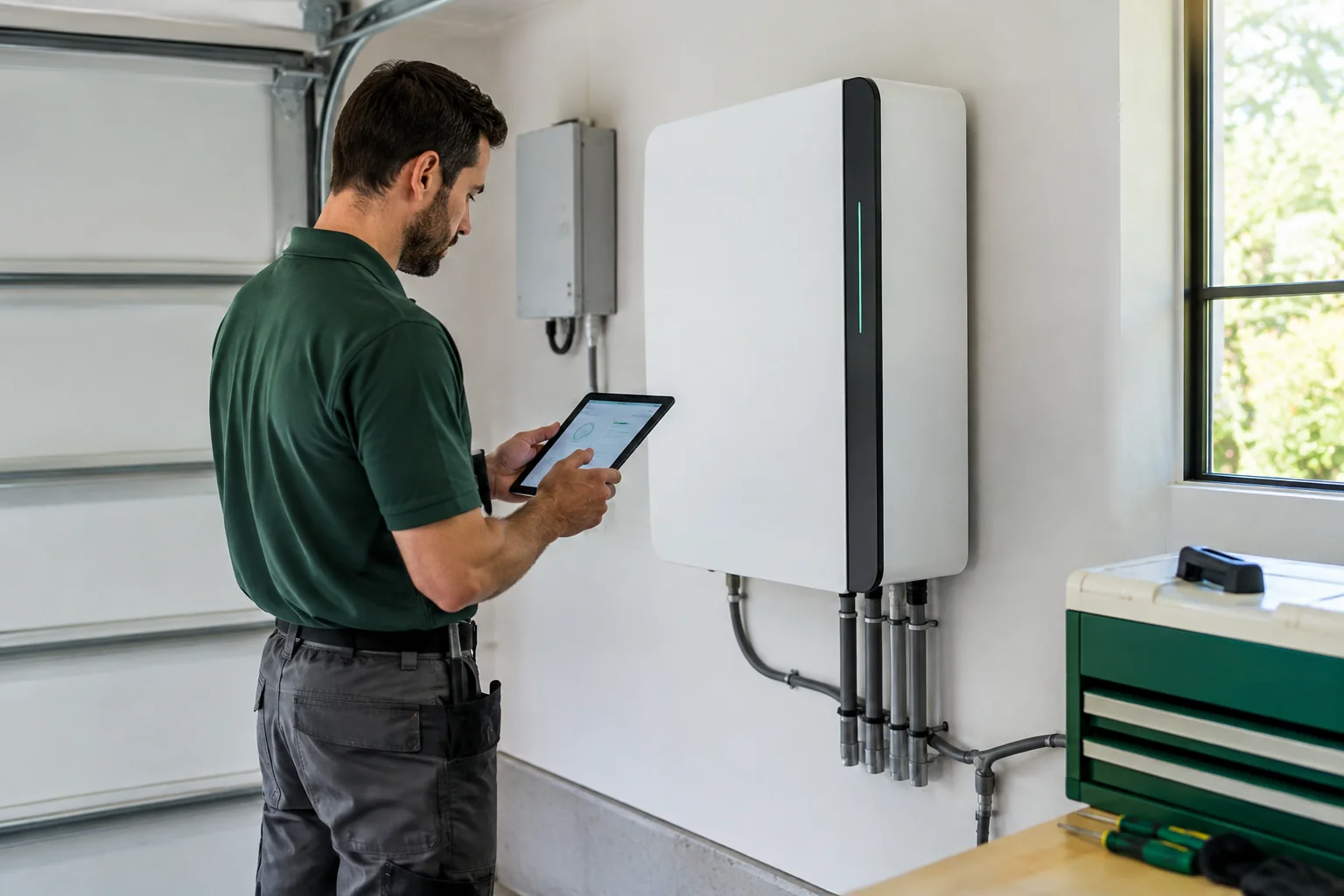Technician servicing an existing solar battery storage unit in a home garage. photorealistic photo of a solar technician inspecting a wall-mounted home battery storage unit in a garage, using a handheld diagnostic tablet, clean garage