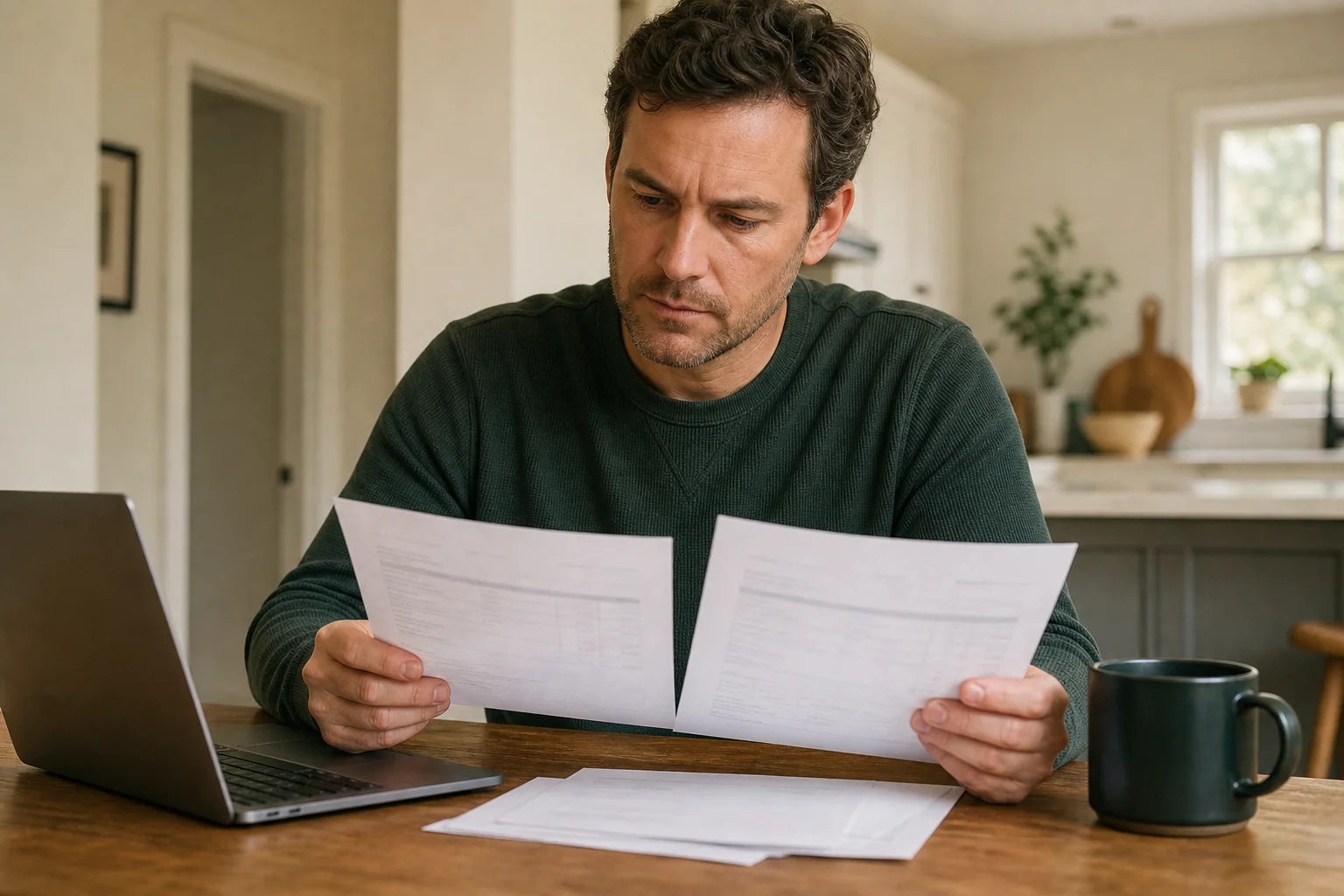 Homeowner comparing two written EV charger installation quotes at a kitchen table. Photorealistic photo of a homeowner at a kitchen table comparing two printed installation quotes side by side, a laptop open nearby, warm indoor lighting