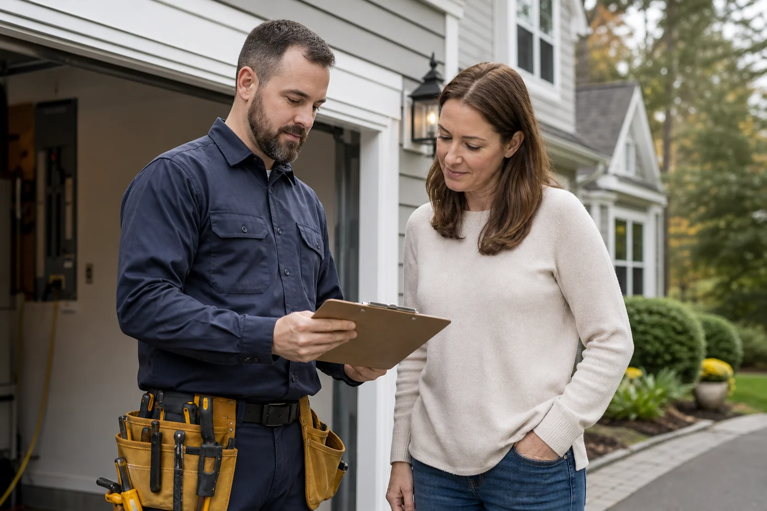 Photorealistic photo of a licensed electrician in branded workwear handing a clipboard with permit paperwork to a homeowner standing near a garage, both looking at the documents, suburban Connecticut home exterior in background, daylight