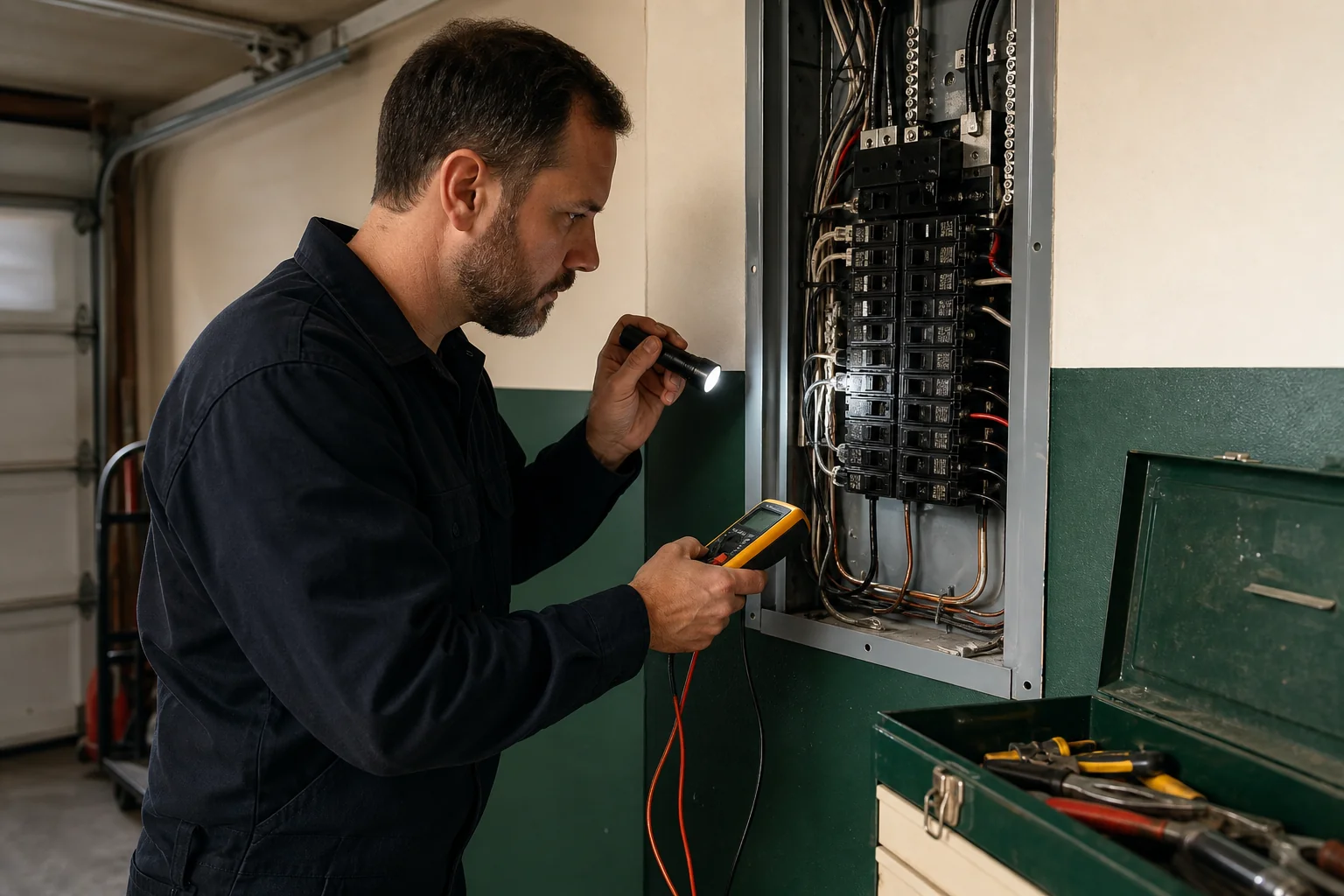 Photorealistic photo of a professional electrician in dark work uniform inspecting an open residential electrical panel in a garage, using a multimeter and flashlight, warm natural light, deep green (#0A2E1F) and cream (#F5F1E8) tones
