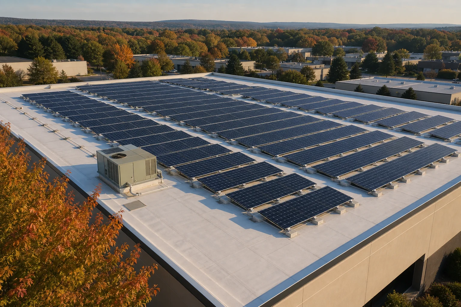 Aerial view of a flat commercial rooftop with solar panels in New England. Photorealistic aerial photograph of a flat commercial building rooftop in New England covered with rows of dark solar panels, TPO roofing membrane visible at the
