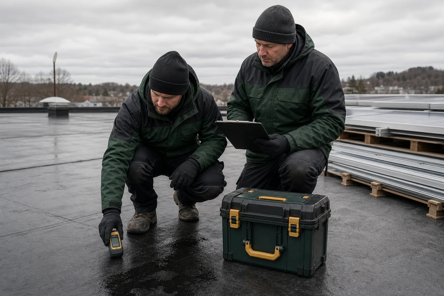 Roofing crew inspecting a commercial flat roof before solar installation. Photorealistic photograph of two roofing technicians in work uniforms inspecting a flat commercial rooftop membrane with a clipboard and moisture meter, solar panel