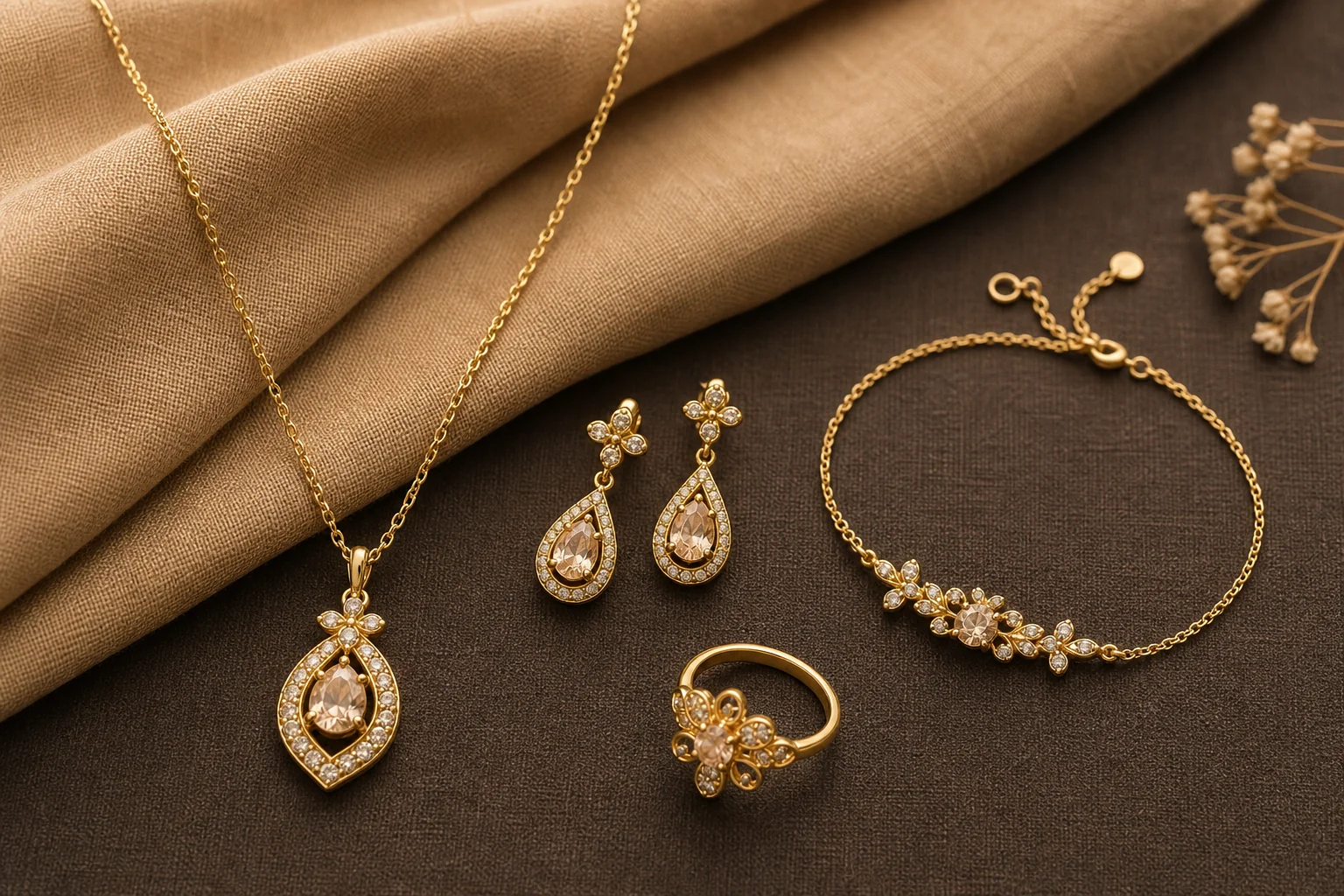 Flat lay of different gold-plated jewellery types on a warm brown linen surface