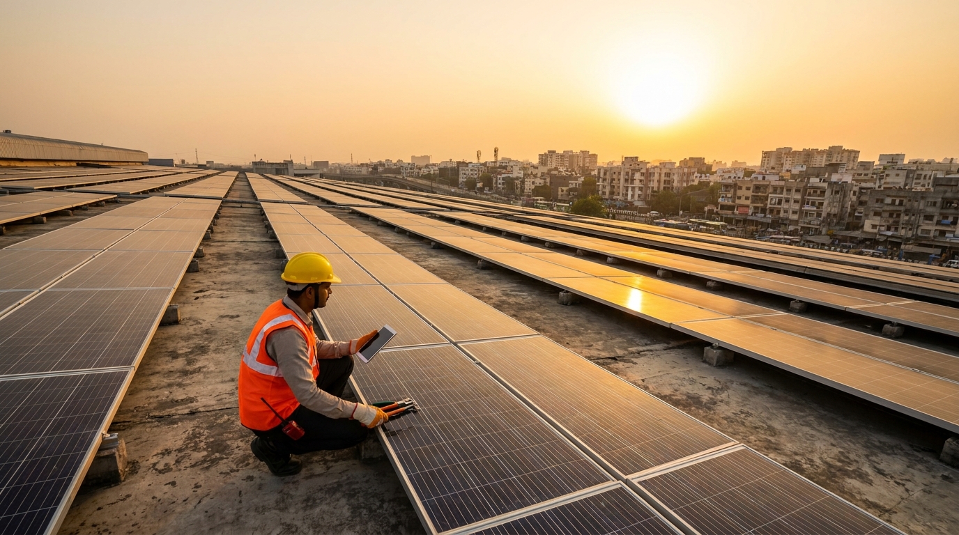 solar O&M technician inspecting commercial rooftop solar panels in India