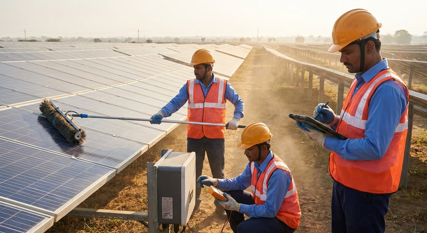 solar O&M team performing preventive maintenance on ground-mounted solar panels in India