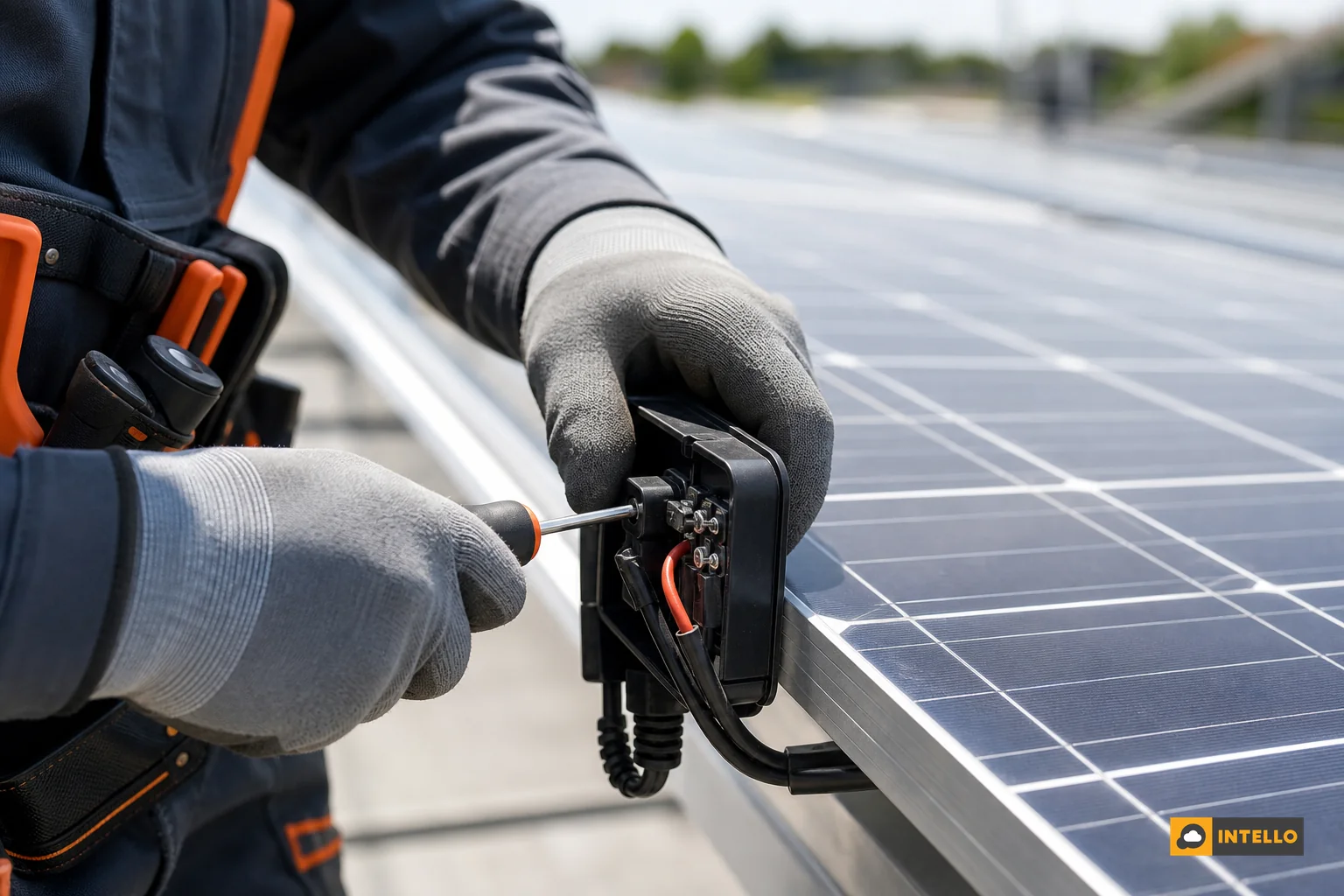 Close-up of a technician repairing a solar panel junction box. Photorealistic image: Close-up shot of a solar maintenance technician's gloved hands repairing a solar panel junction box with a screwdriver and wiring tools, panel glass