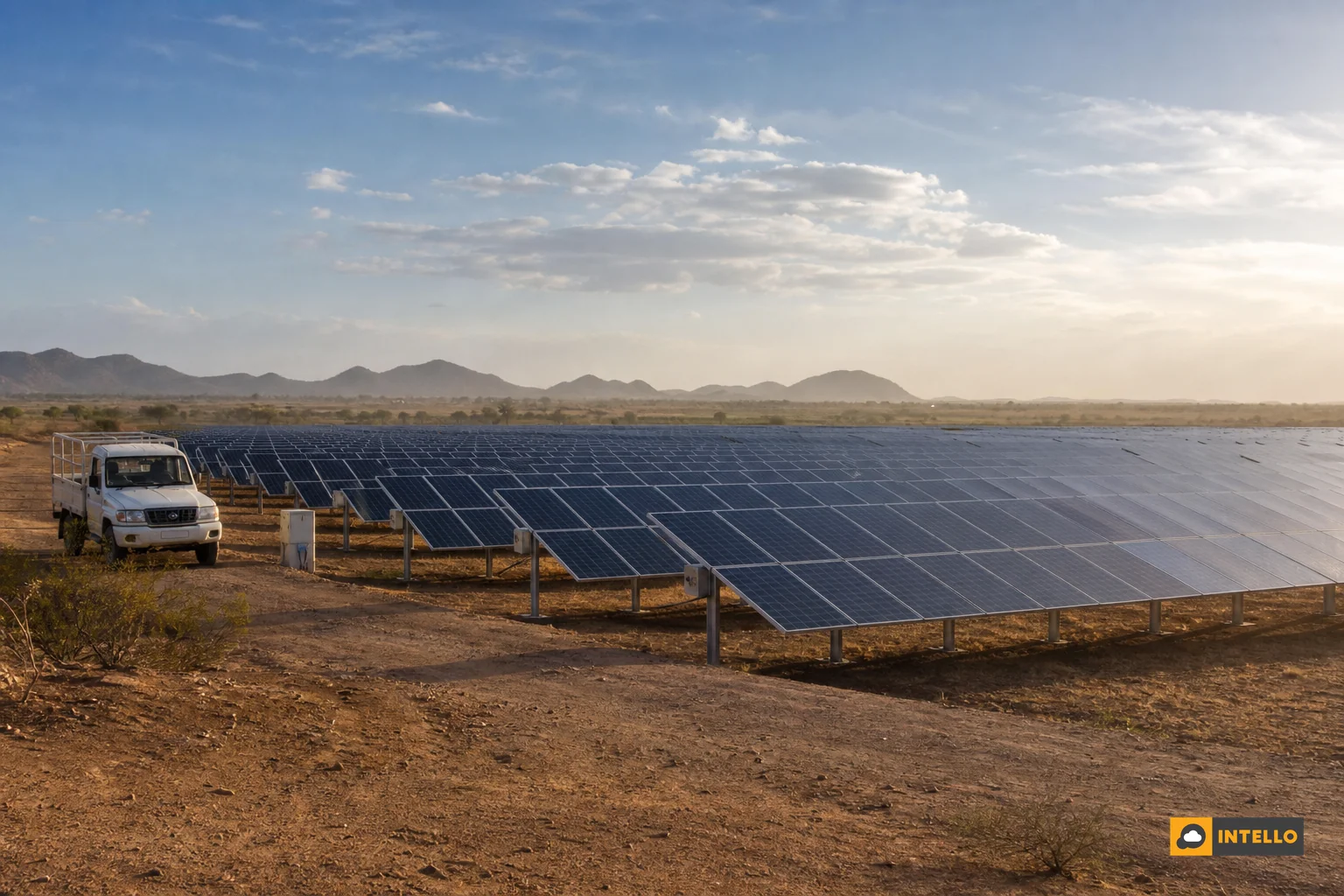 Wide shot of a ground-mounted solar plant in a dusty Indian region showing weathered panels. Photorealistic image: Wide-angle photograph of a large ground-mounted solar plant in a dry Indian landscape, rows of panels stretching to the