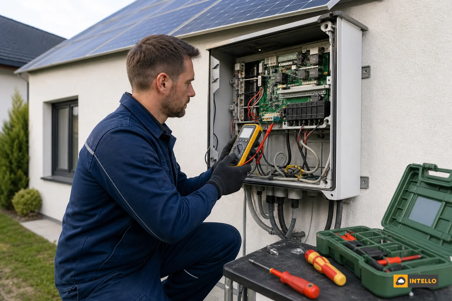 A solar technician diagnosing an inverter fault with diagnostic tools. photorealistic photo of a solar maintenance technician using a handheld diagnostic meter on an open solar inverter cabinet, tools laid out on a small table, residential